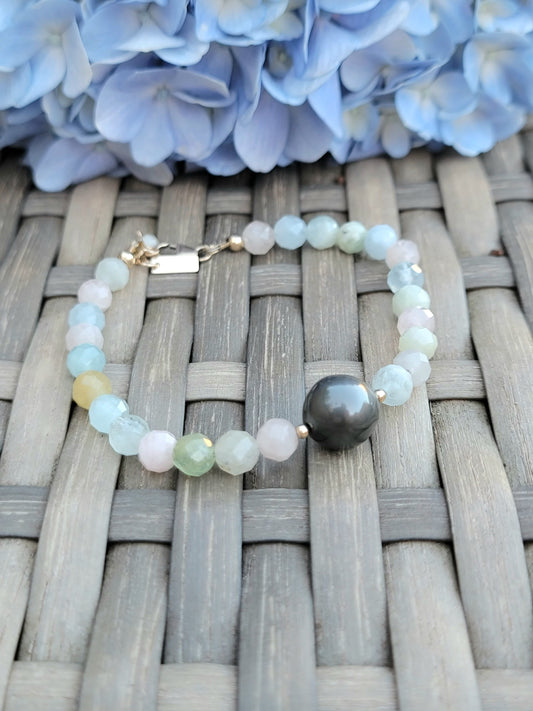 Tahitian Pearl Bracelet with genuine real morganite gemstone crystals, black south sea pearl