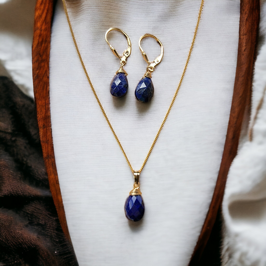 Jewelry Set Lapiz Lazuli Gemstone Crystal Earrings and Necklace set 14k gold filled genuine precious stones