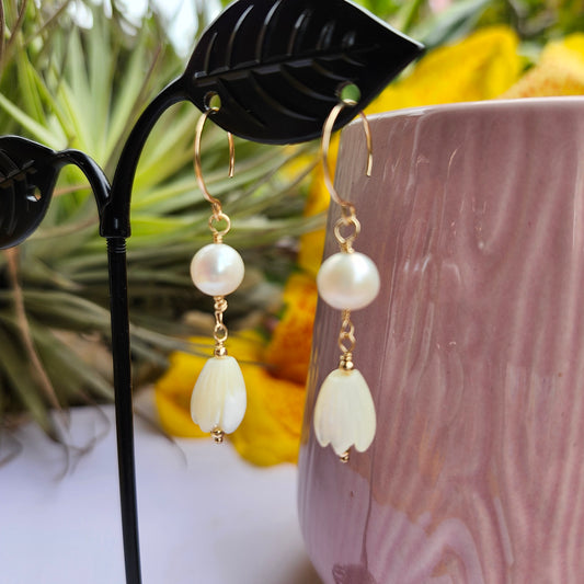 Pikake Earrings Jasmine Mother of Pearl White South Sea Pearl Dangle Drop Wedding Bridal 14K Yellow Gold Fill or Sterling Silver  Handmade Hawaiian Jewelry