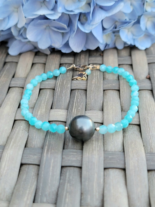 Tahitian Pearl Bracelet with genuine real Amazonite gemstone crystals, black south sea pearl