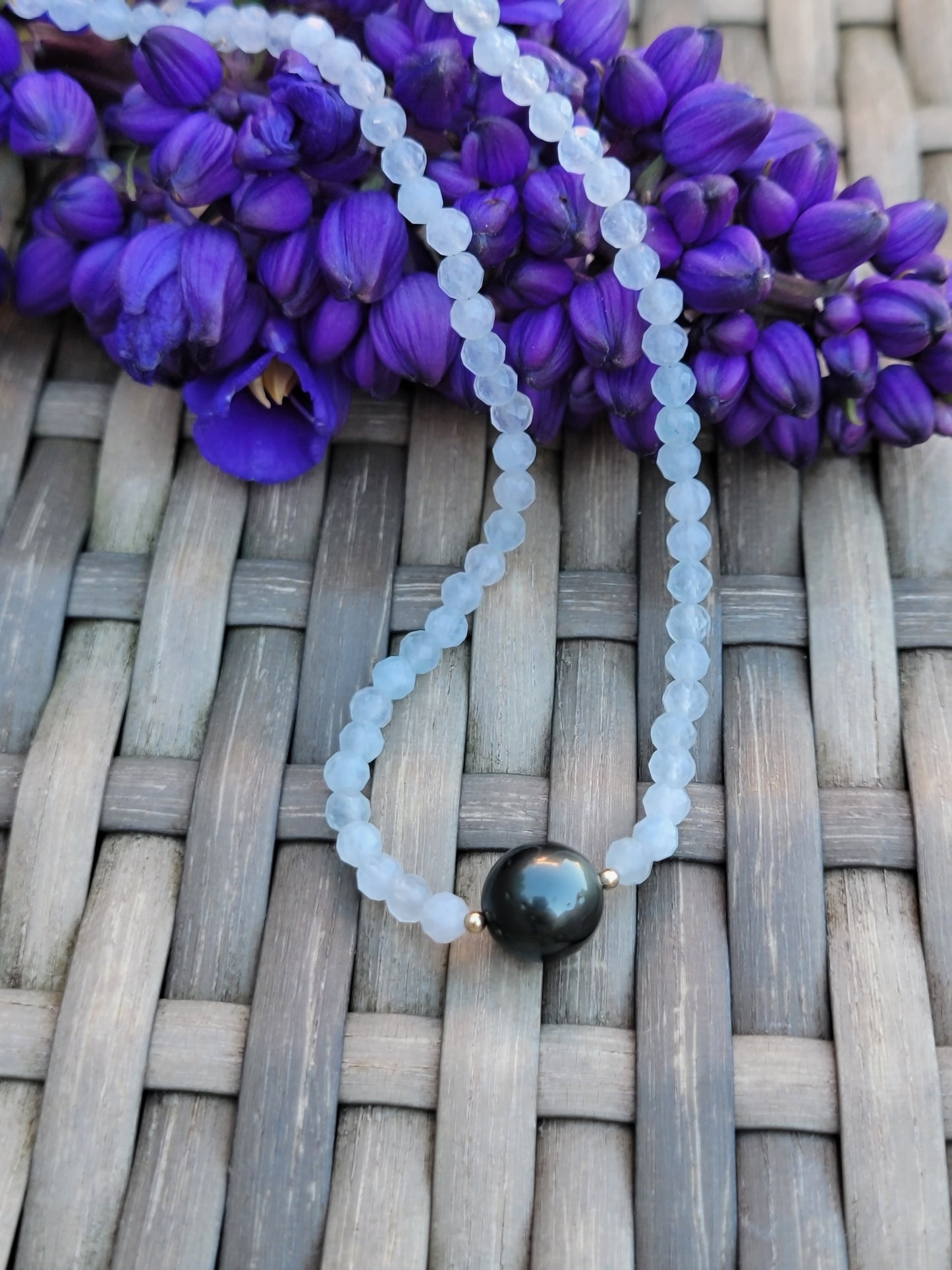 Tahitian Pearl Necklace Choker Aquamarine Gemstone Crystals 14K Gold Filled Unique Gift for Her Wedding Bridal Anniversary