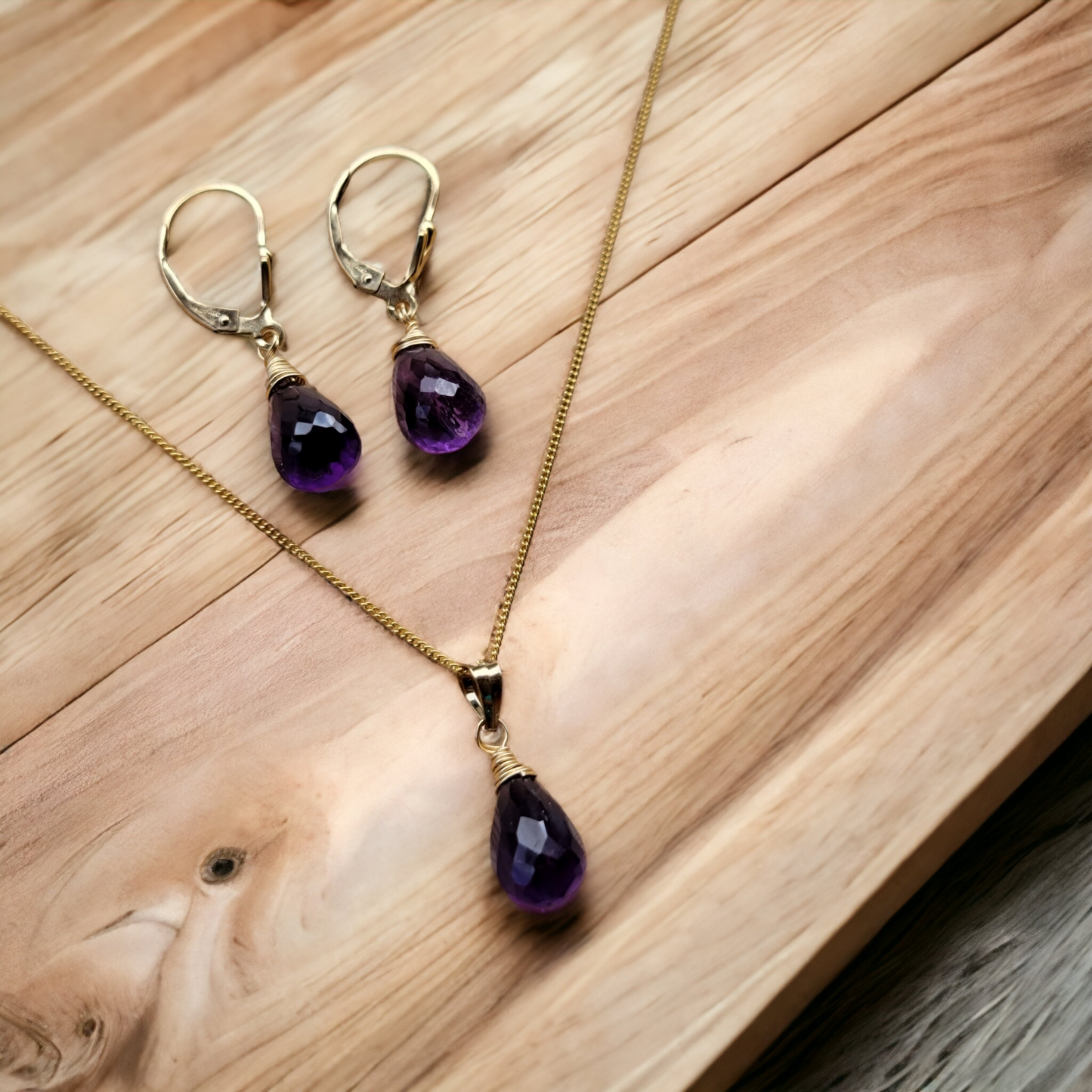 Jewelry Set Amethyst Crystal Gemstone Earrings and Necklace set 14k gold filled genuine precious February Birthstone