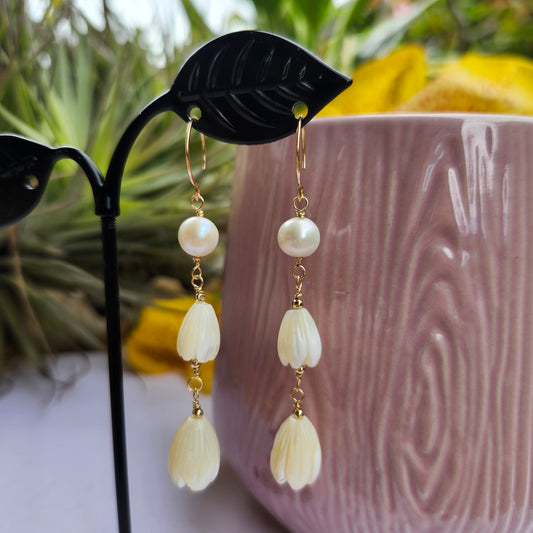 Pikake Earrings Jasmine Mother of Pearl White South Sea Pearl Dangle Drop Wedding Bridal 14K Yellow Gold Fill or Sterling Silver  Handmade Hawaiian Jewelry Boho