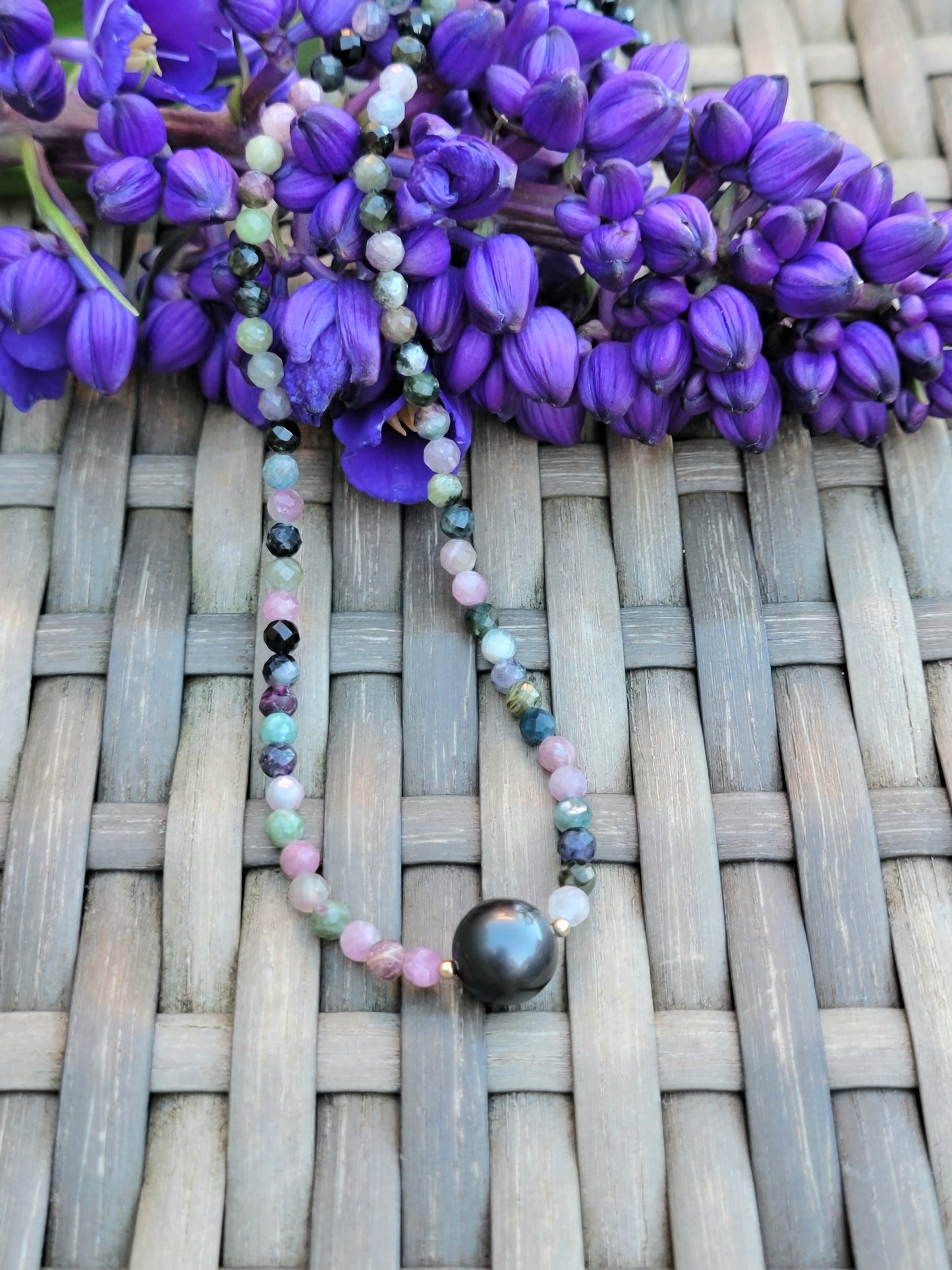 Tahitian Pearl Necklace Choker with genuine tourmaline  gemstone crystals, black south sea pearl