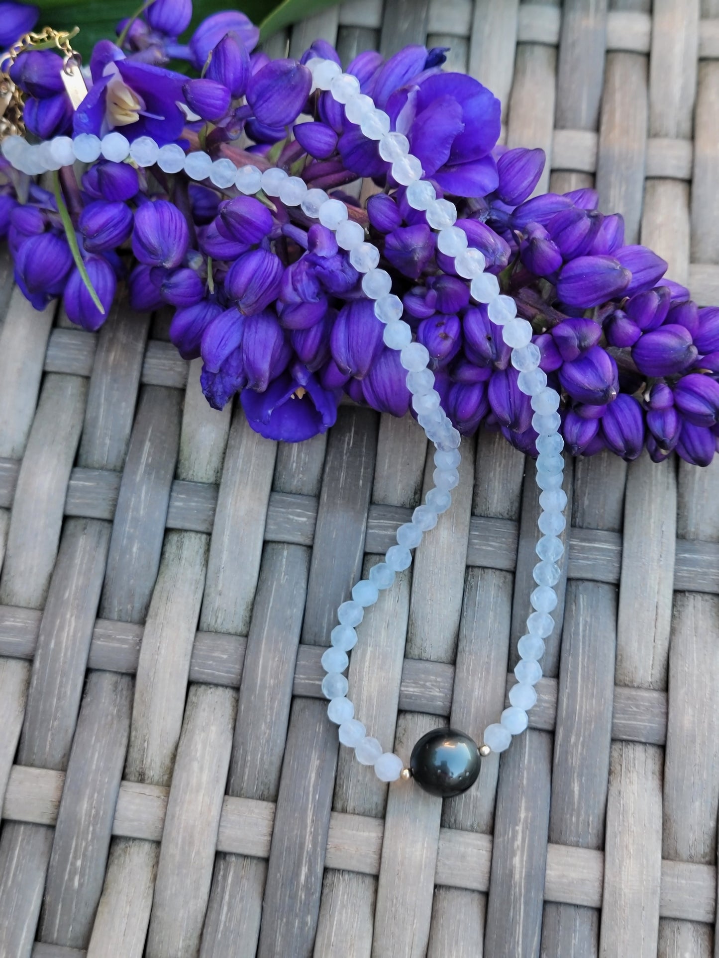 Tahitian Pearl Necklace Choker Aquamarine Gemstone Crystals 14K Gold Filled Unique Gift for Her Wedding Bridal Anniversary