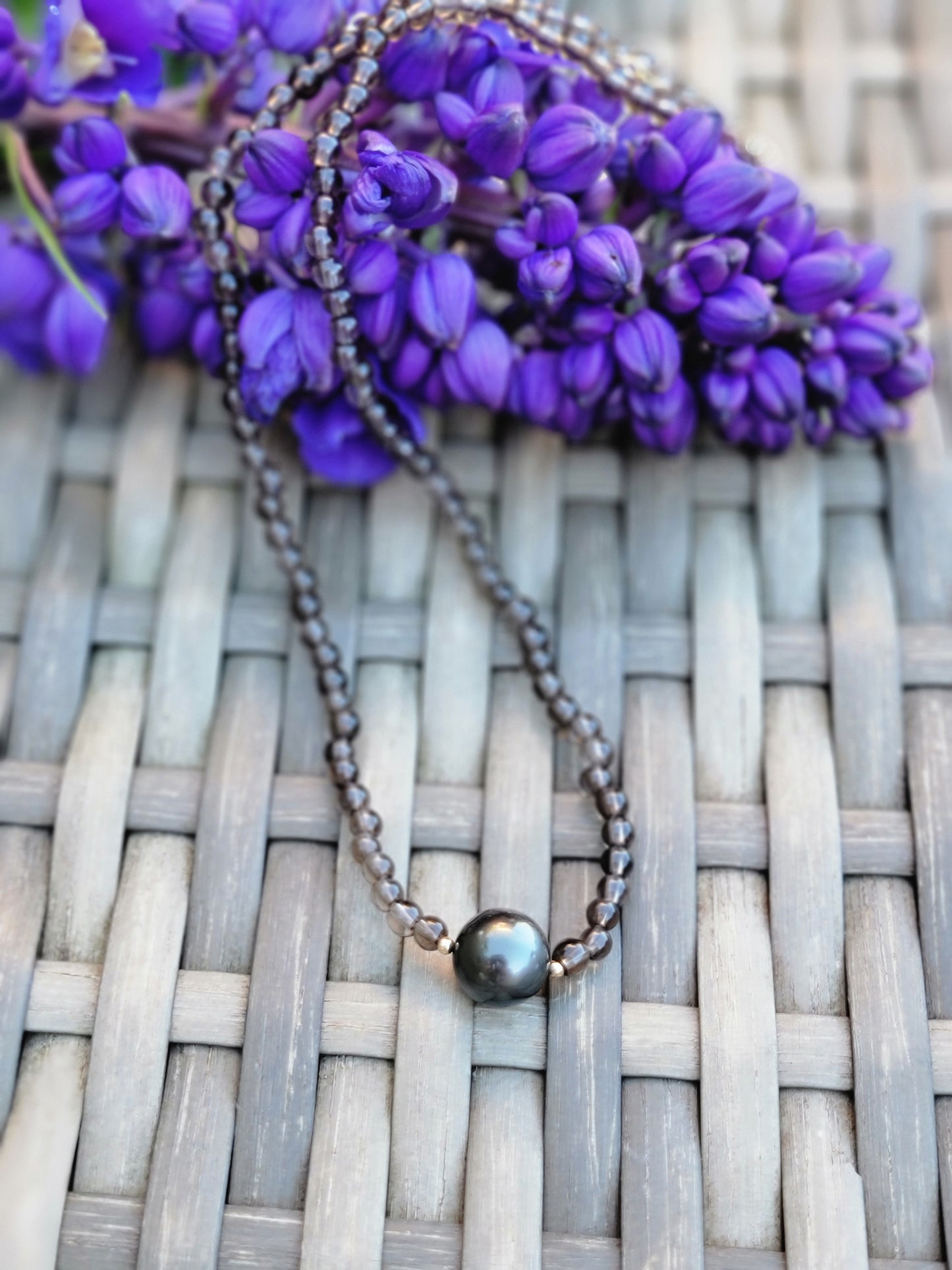 Tahitian Pearl Necklace Choker with genuine smoky quartz gemstone crystals, black south sea pearl