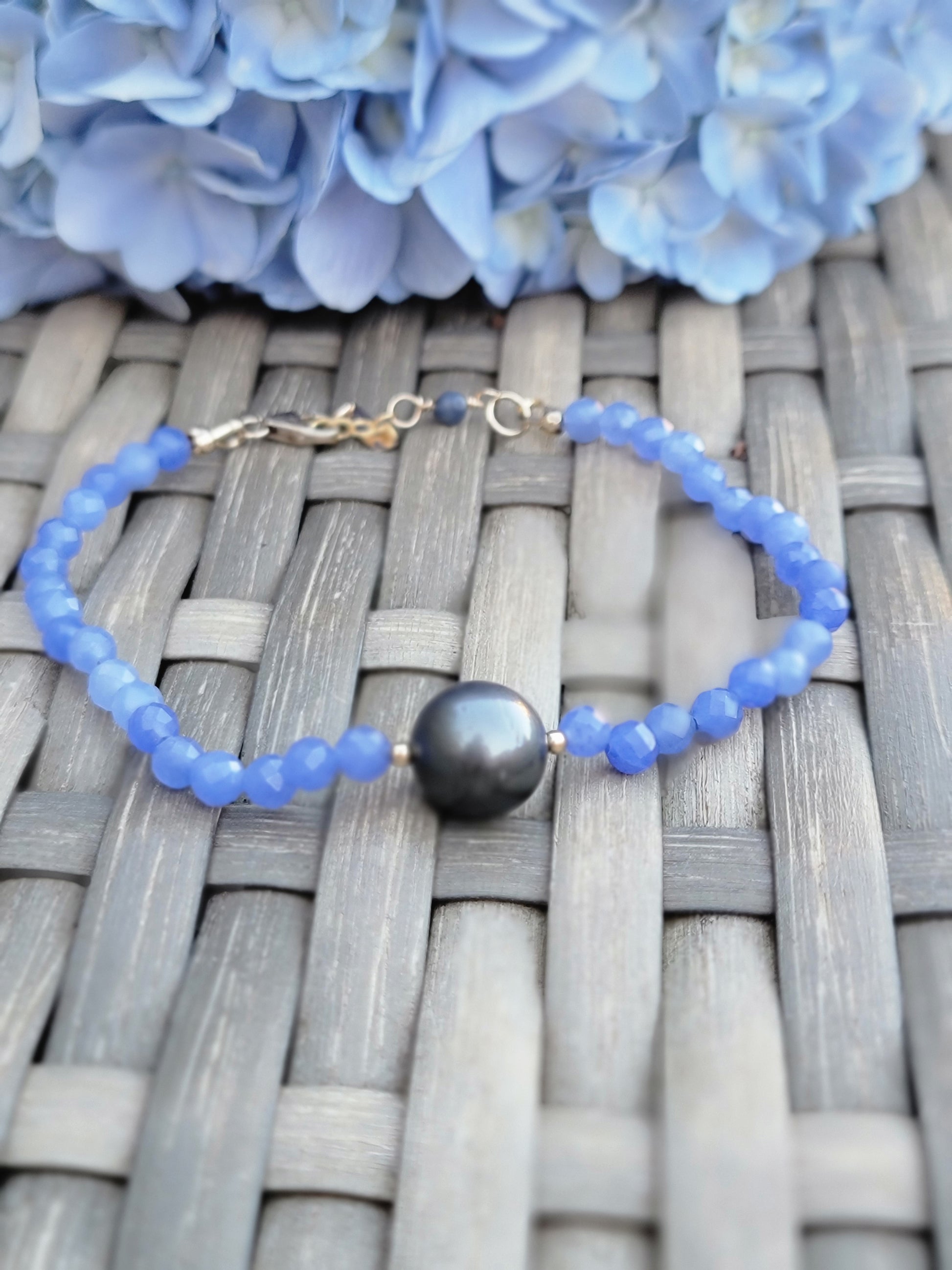 Tahitian Pearl Bracelet with genuine real blue chalcedony  gemstone crystals, black south sea pearl