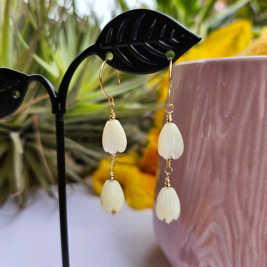 Pikake Earrings Jasmine Mother of Pearl Dangle Drop Stud  Wedding Bridal Bridesmaid 14K Yellow Gold Fill Handmade Hawaiian Jewelry Boho Floral