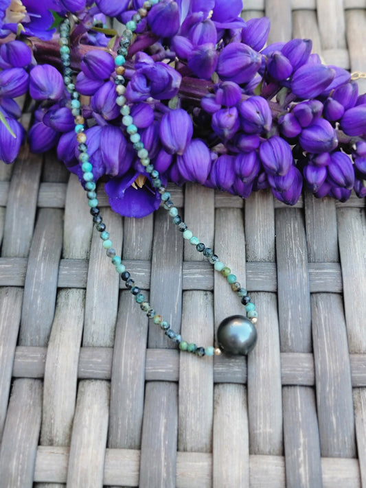 Tahitian Pearl Necklace Choker with genuine real African Turquiose gemstone crystals, black south sea pearl