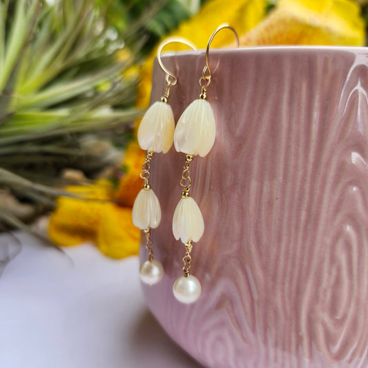 Pikake Earrings Jasmine Mother of Pearl White South Sea Pearl Dangle Drop Wedding Bridal Bridesmaid 14K Yellow Gold Fill or Sterling Silver Handmade Hawaiian Jewelry Boho Beach