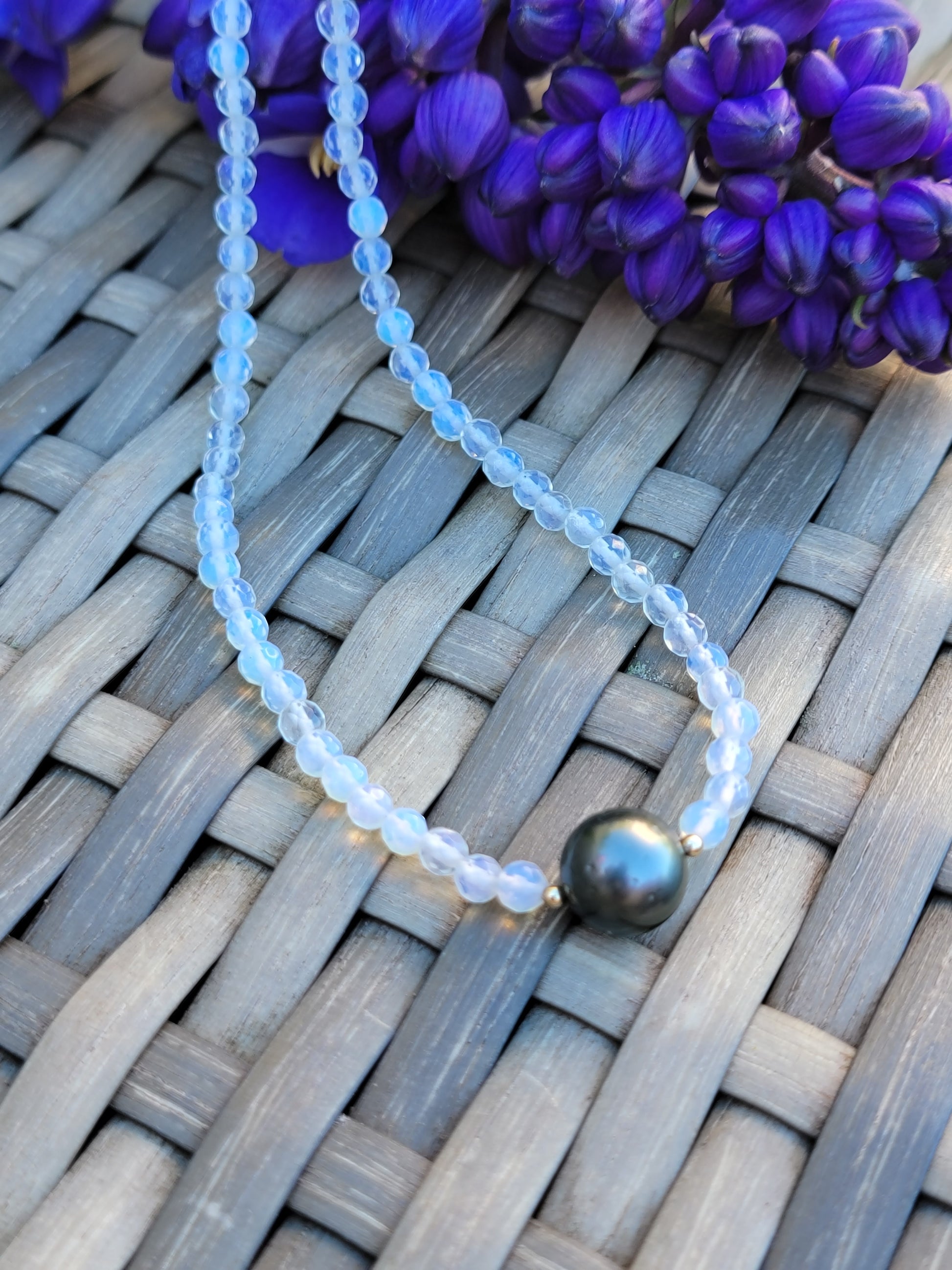 Tahitian Pearl Necklace Choker with genuine real opal gemstone crystals, black south sea pearl