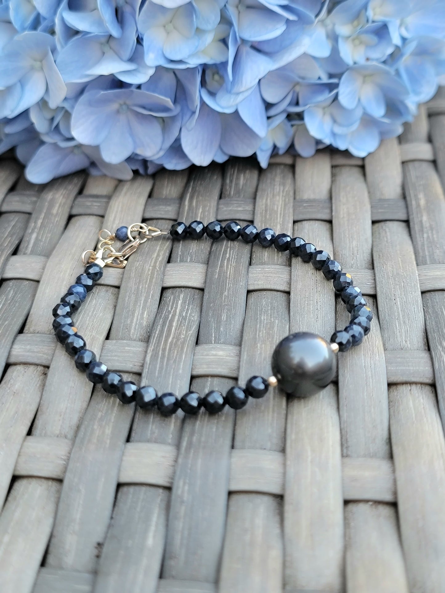 Tahitian Pearl Bracelet with genuine real sapphire gemstones crystals, black south sea pearl 