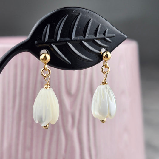 Pikake Earrings Jasmine Mother of Pearl Dangle Drop Stud Wedding Bridal Bridesmaid  14K Yellow Gold Fill Handmade Hawaiian Jewelry Floral