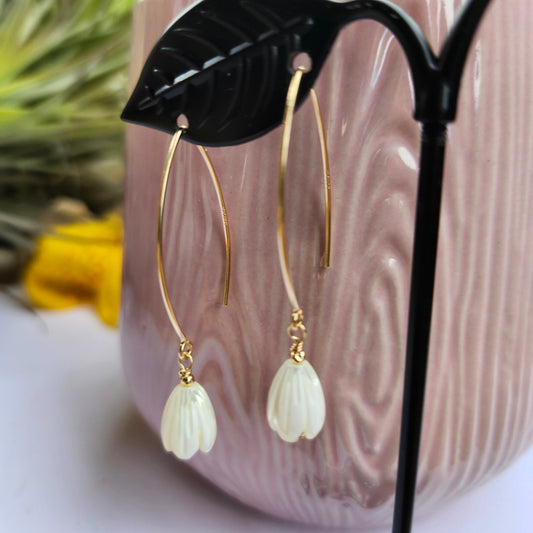 Pikake Earrings Jasmine Mother of Pearl Dangle Drop Wedding Bridal Bridesmaid  14K Yellow Gold Fill Handmade Hawaiian Jewelry Floral