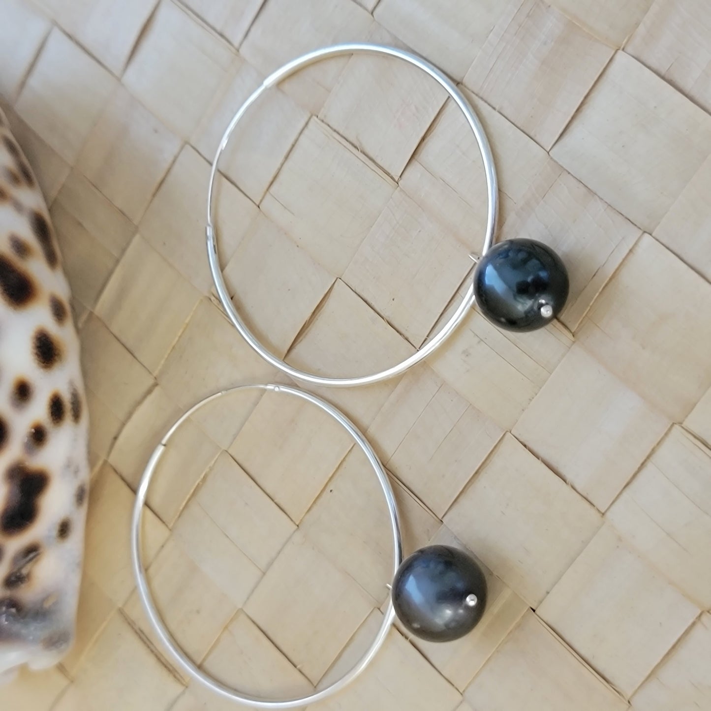 Tahitian Pearl Large  Hoop Earrings Sterling Silver June Birthstone Black South Sea Pearl