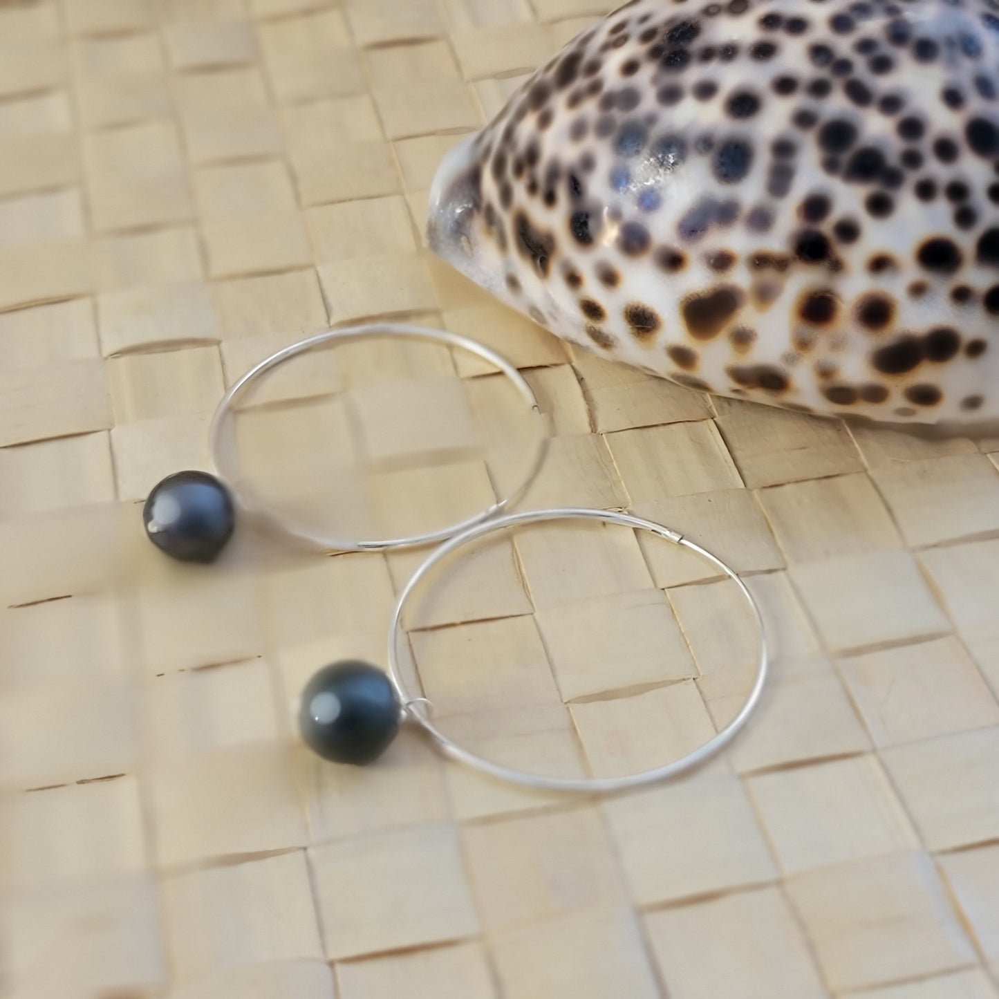 Tahitian Pearl Large  Hoop Earrings Sterling Silver June Birthstone Black South Sea Pearl