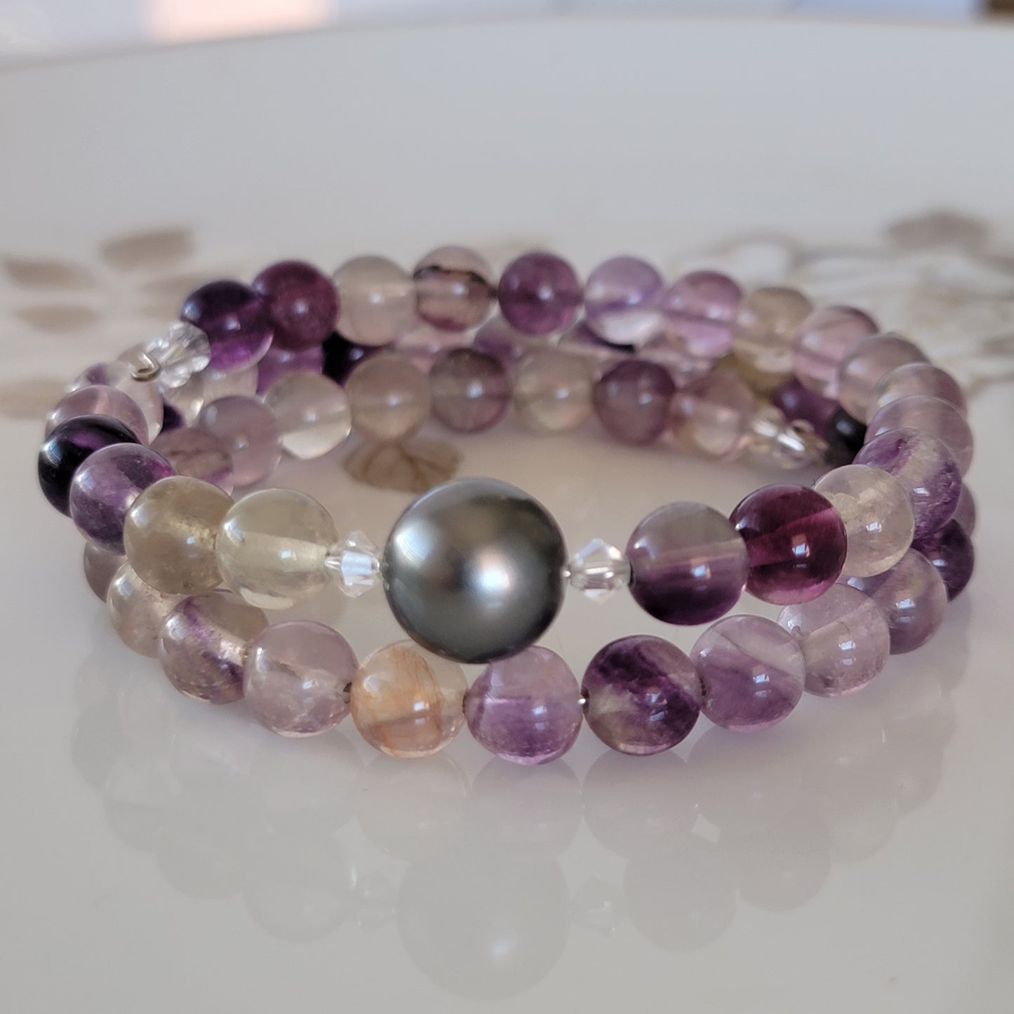 Flourite Wrap Bracelet Gemstone set in Memory Wire with Black Swarovski Pearl