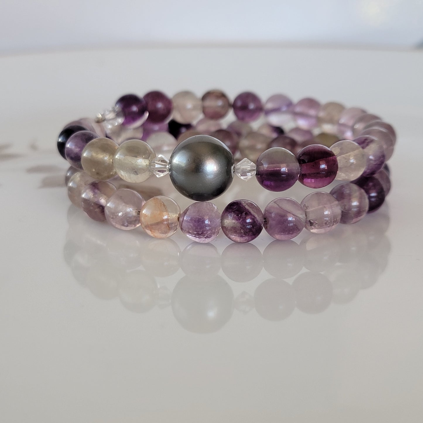 Flourite Wrap Bracelet Gemstone set in Memory Wire with Black Swarovski Pearl