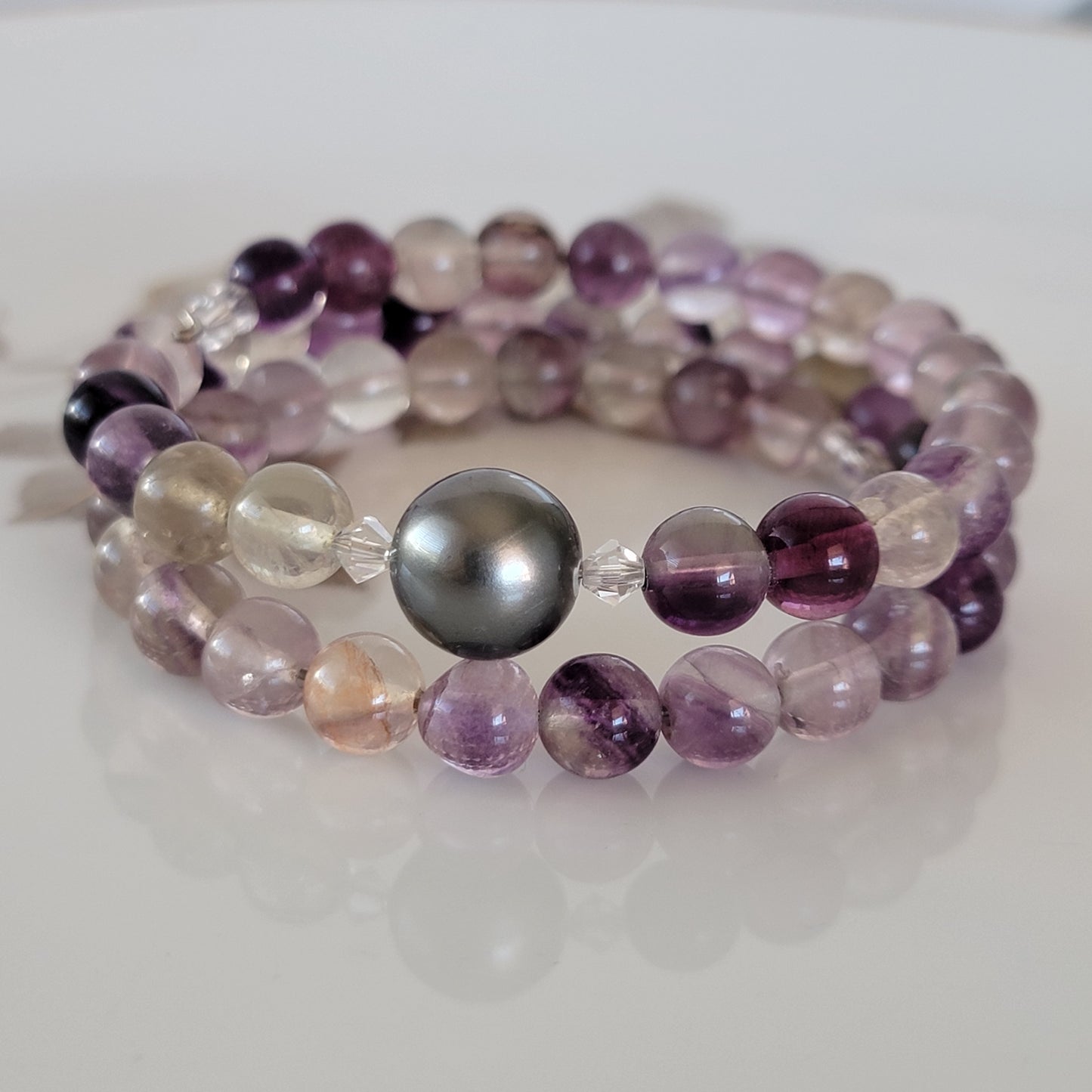 Flourite Wrap Bracelet Gemstone set in Memory Wire with Black Swarovski Pearl