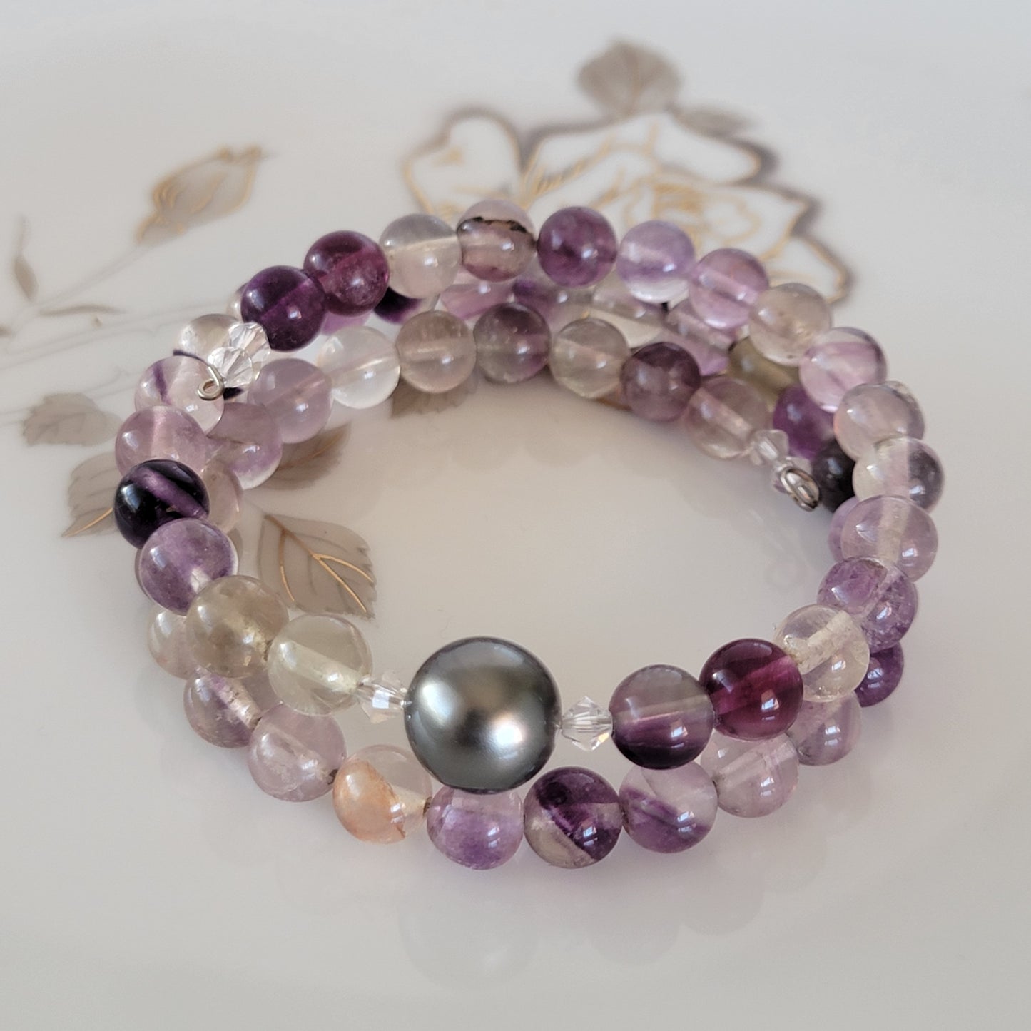 Flourite Wrap Bracelet Gemstone set in Memory Wire with Black Swarovski Pearl