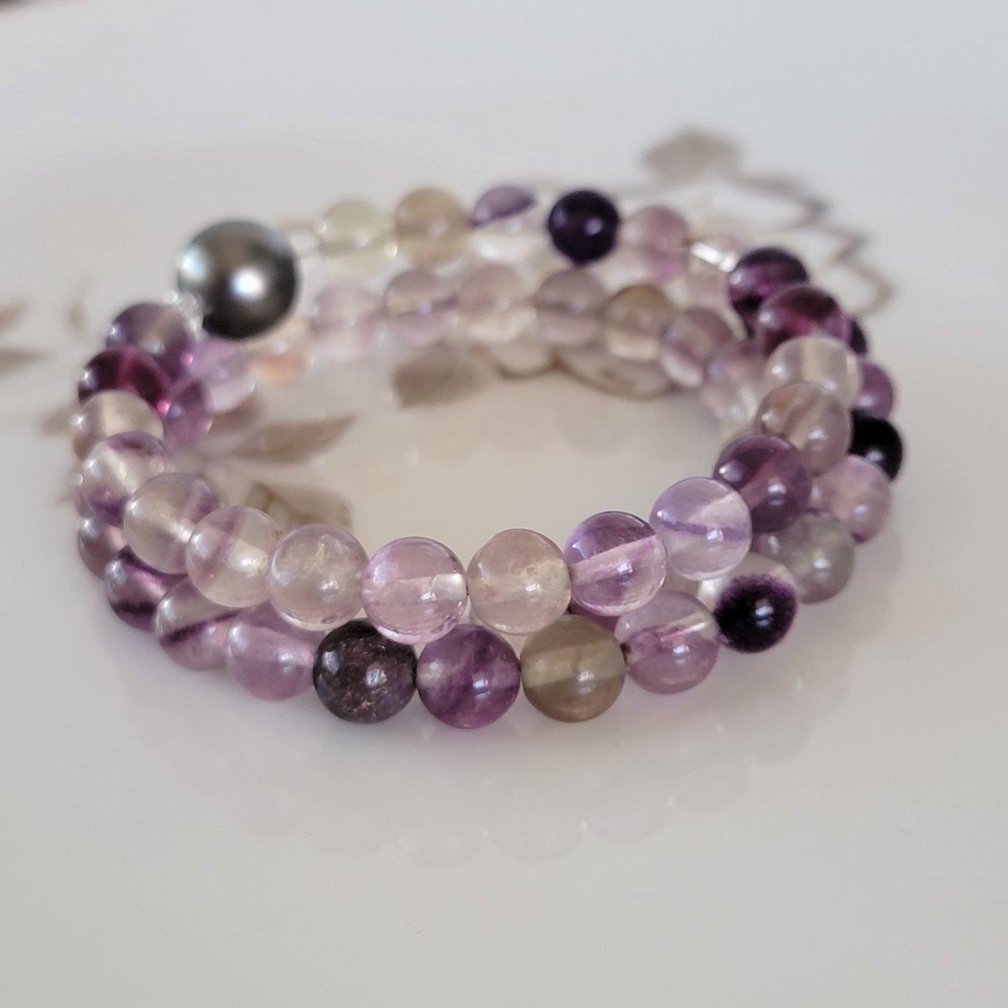 Flourite Wrap Bracelet Gemstone set in Memory Wire with Black Swarovski Pearl