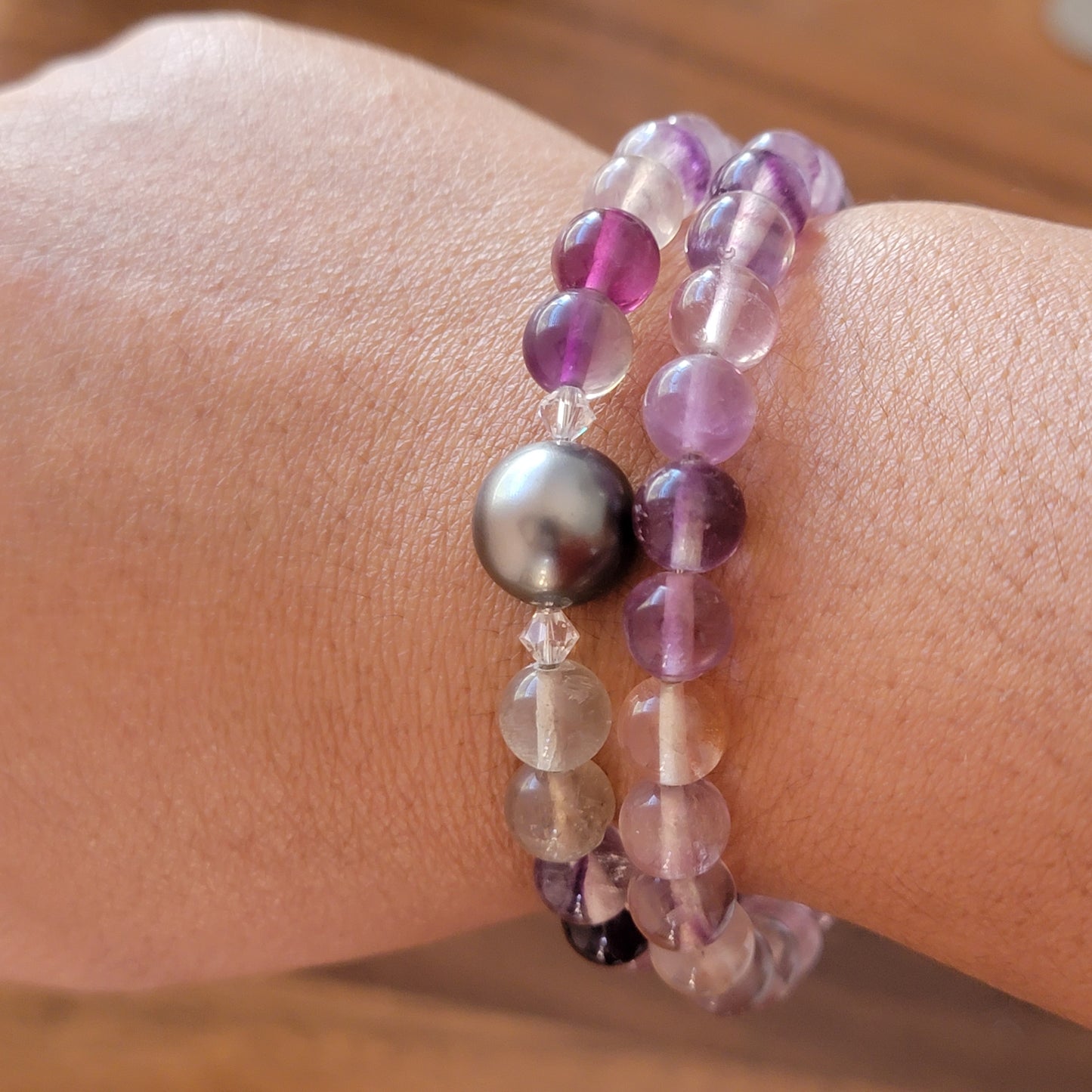 Flourite Wrap Bracelet Gemstone set in Memory Wire with Black Swarovski Pearl