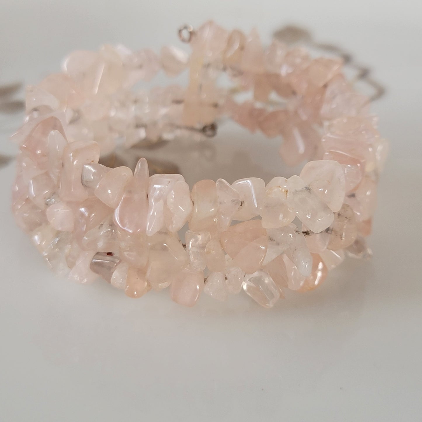 Rose Pink Quarts Wrap Bracelet Gemstone Raw Chips set in Memory Wire