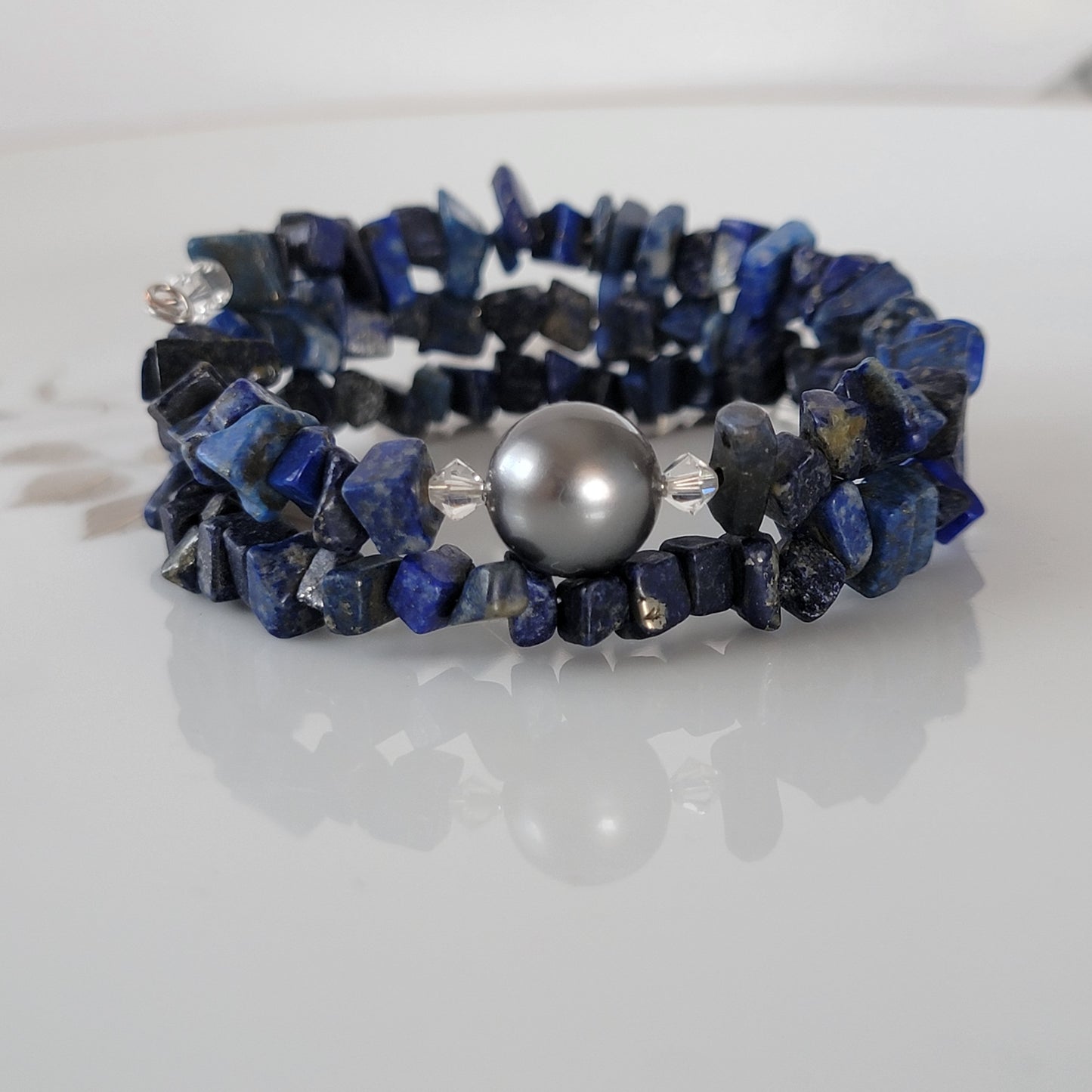 Lapis Lazuli Wrap Bracelet Gemstone Raw Chips set in Memory Wire bLack swarovski Pearl