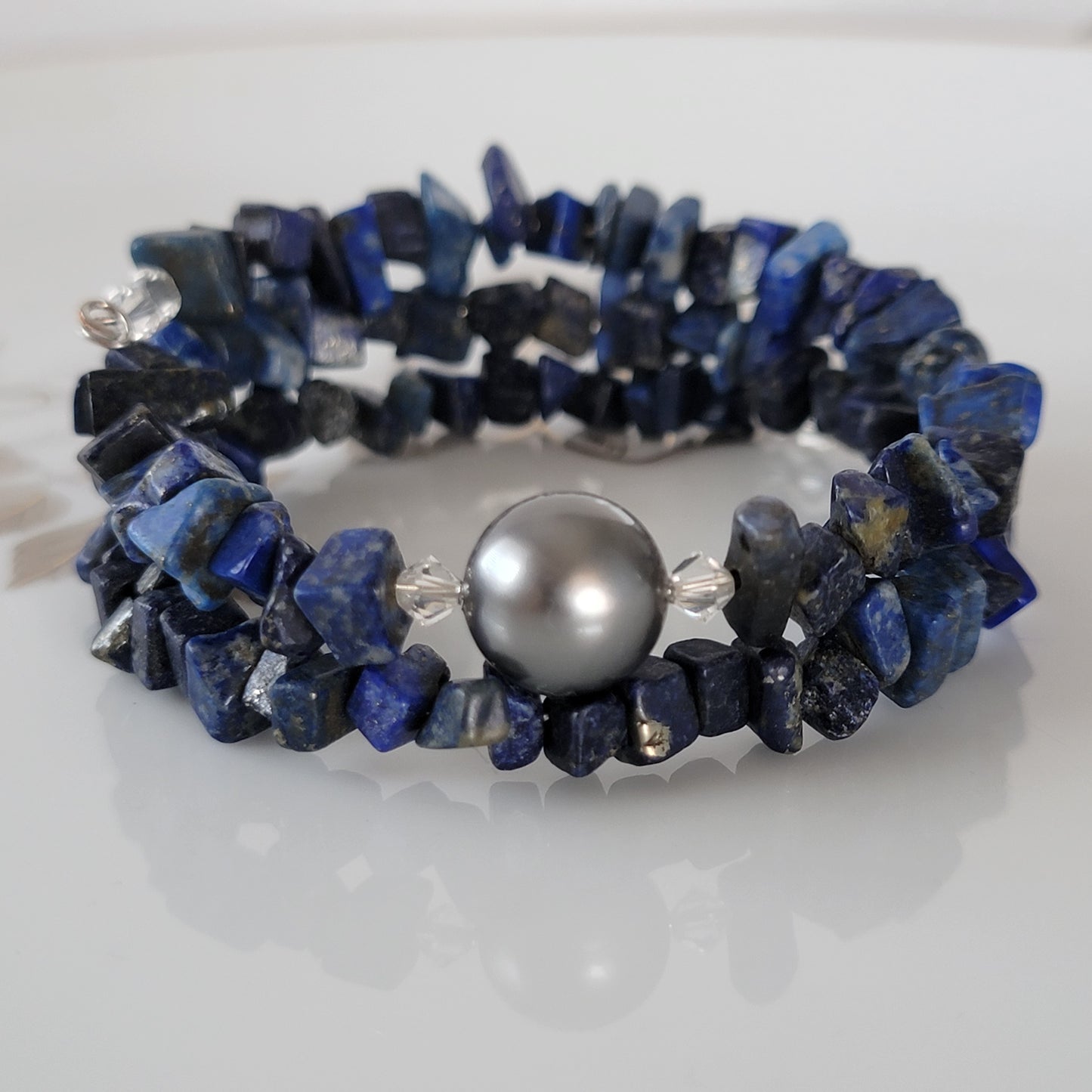 Lapis Lazuli Wrap Bracelet Gemstone Raw Chips set in Memory Wire bLack swarovski Pearl