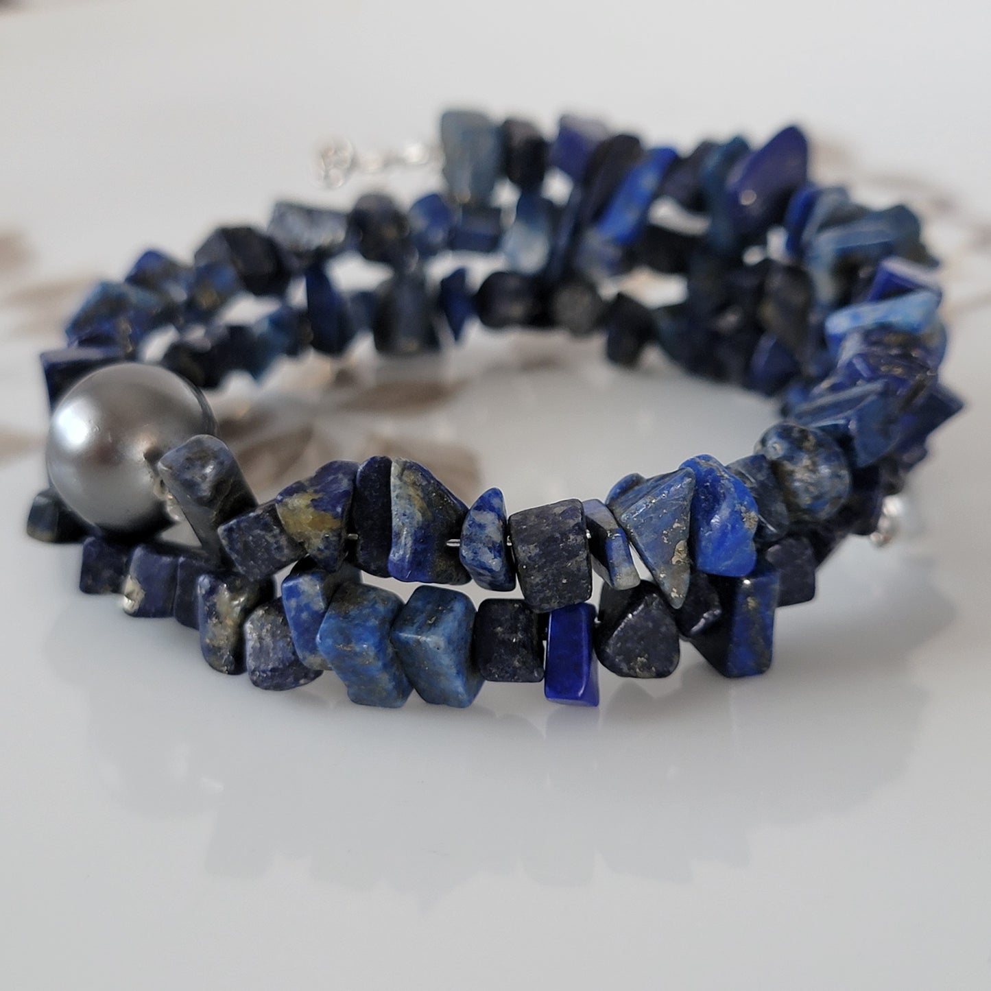 Lapis Lazuli Wrap Bracelet Gemstone Raw Chips set in Memory Wire bLack swarovski Pearl