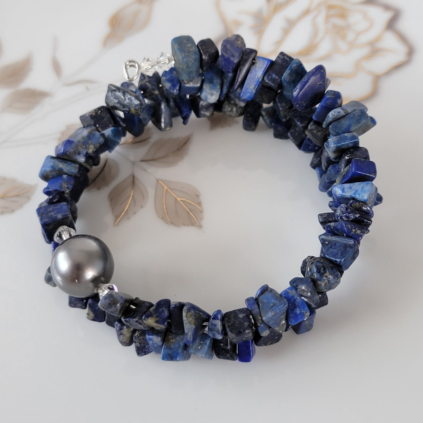 Lapis Lazuli Wrap Bracelet Gemstone Raw Chips set in Memory Wire bLack swarovski Pearl