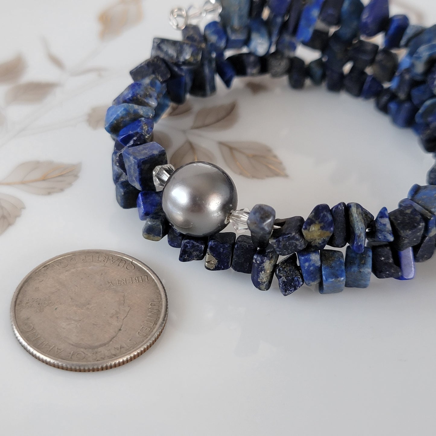 Lapis Lazuli Wrap Bracelet Gemstone Raw Chips set in Memory Wire bLack swarovski Pearl