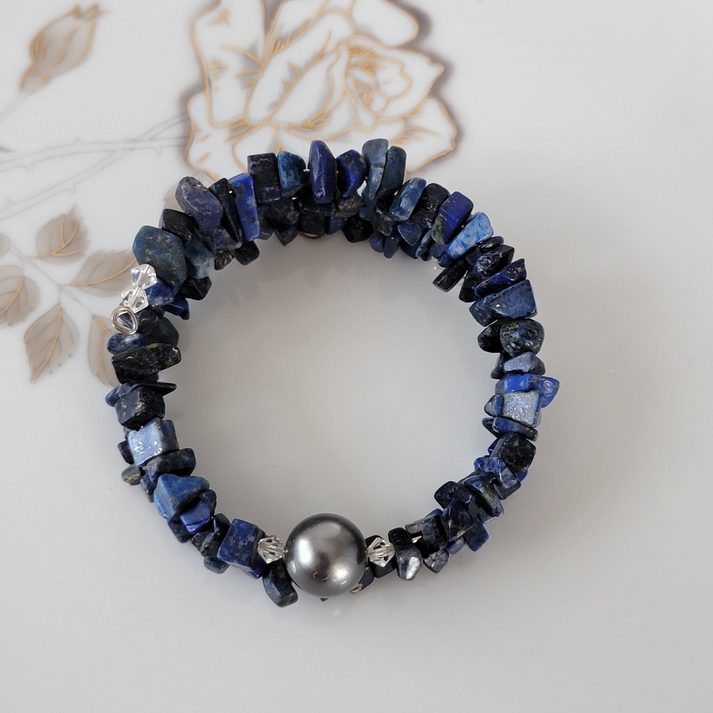 Lapis Lazuli Wrap Bracelet Gemstone Raw Chips set in Memory Wire bLack swarovski Pearl