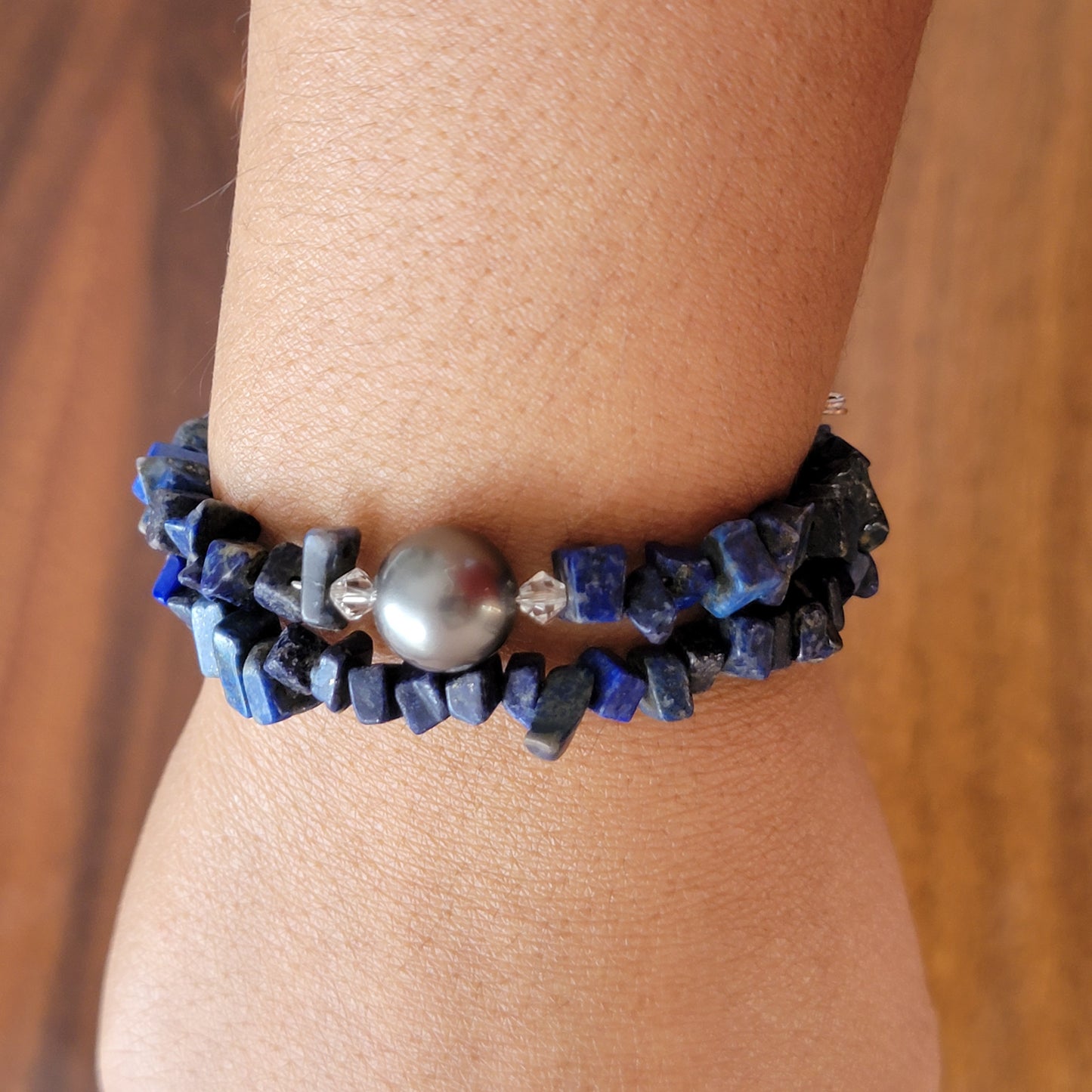 Lapis Lazuli Wrap Bracelet Gemstone Raw Chips set in Memory Wire bLack swarovski Pearl