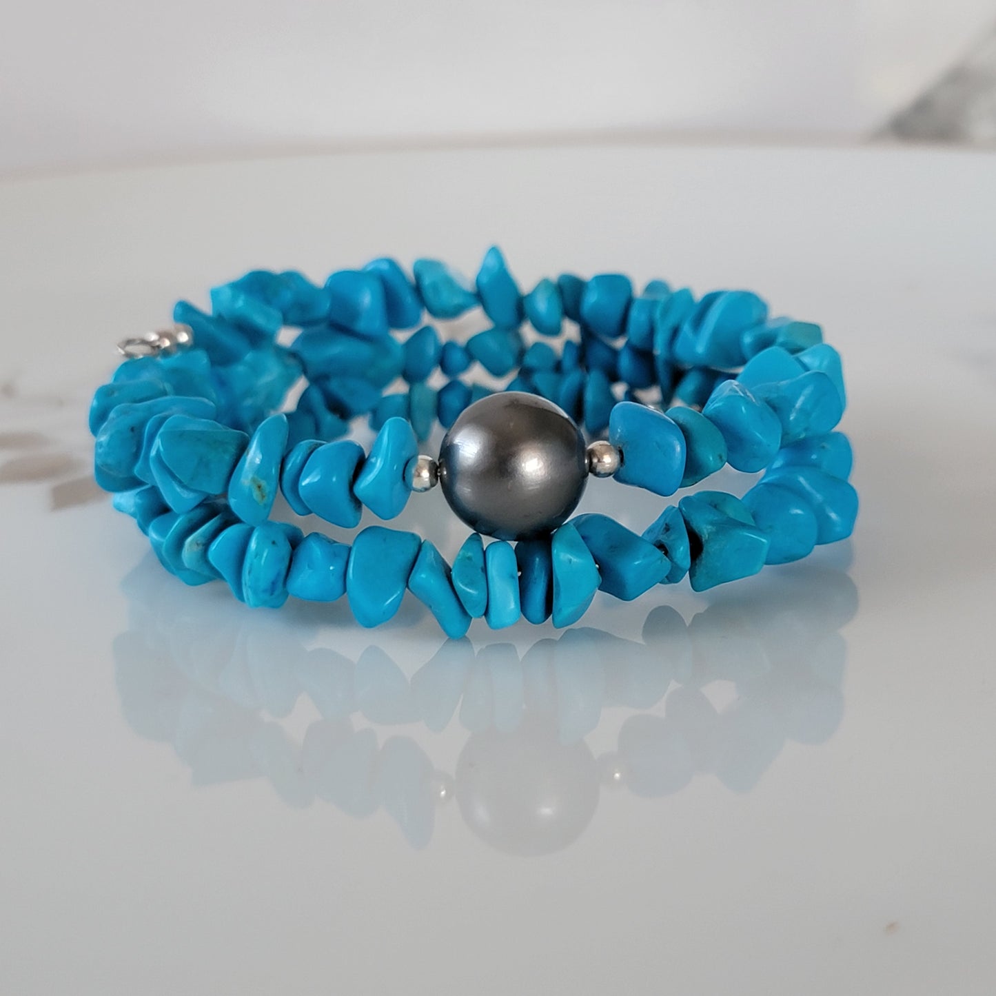 Turquoise Wrap Bracelet Gemstone Raw Chips set in Memory Wire Black Swarovski Pearl December Birthstone