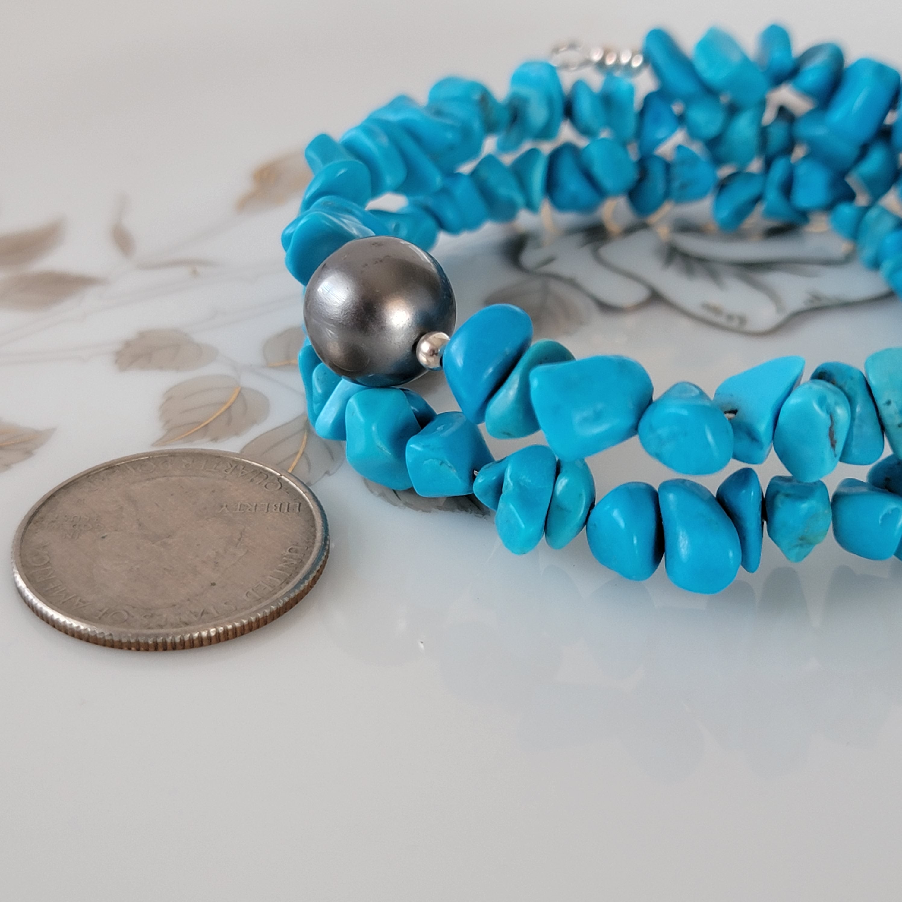 Large turquoise & crystal memory wire shops wrap bracelet.