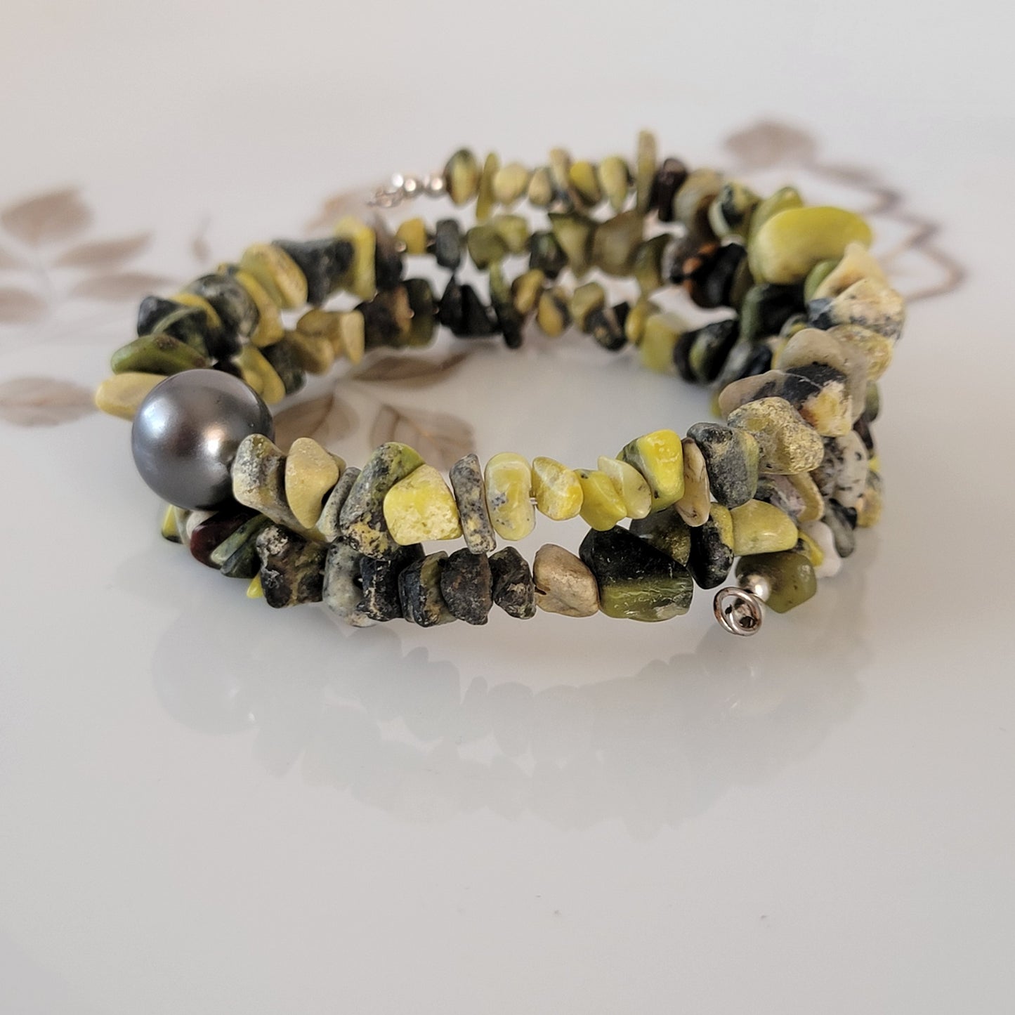 Yellow Turquoise  Wrap Bracelet Gemstone Raw Chips set in Memory Wire Black Swarovski Pearl December Birthstone