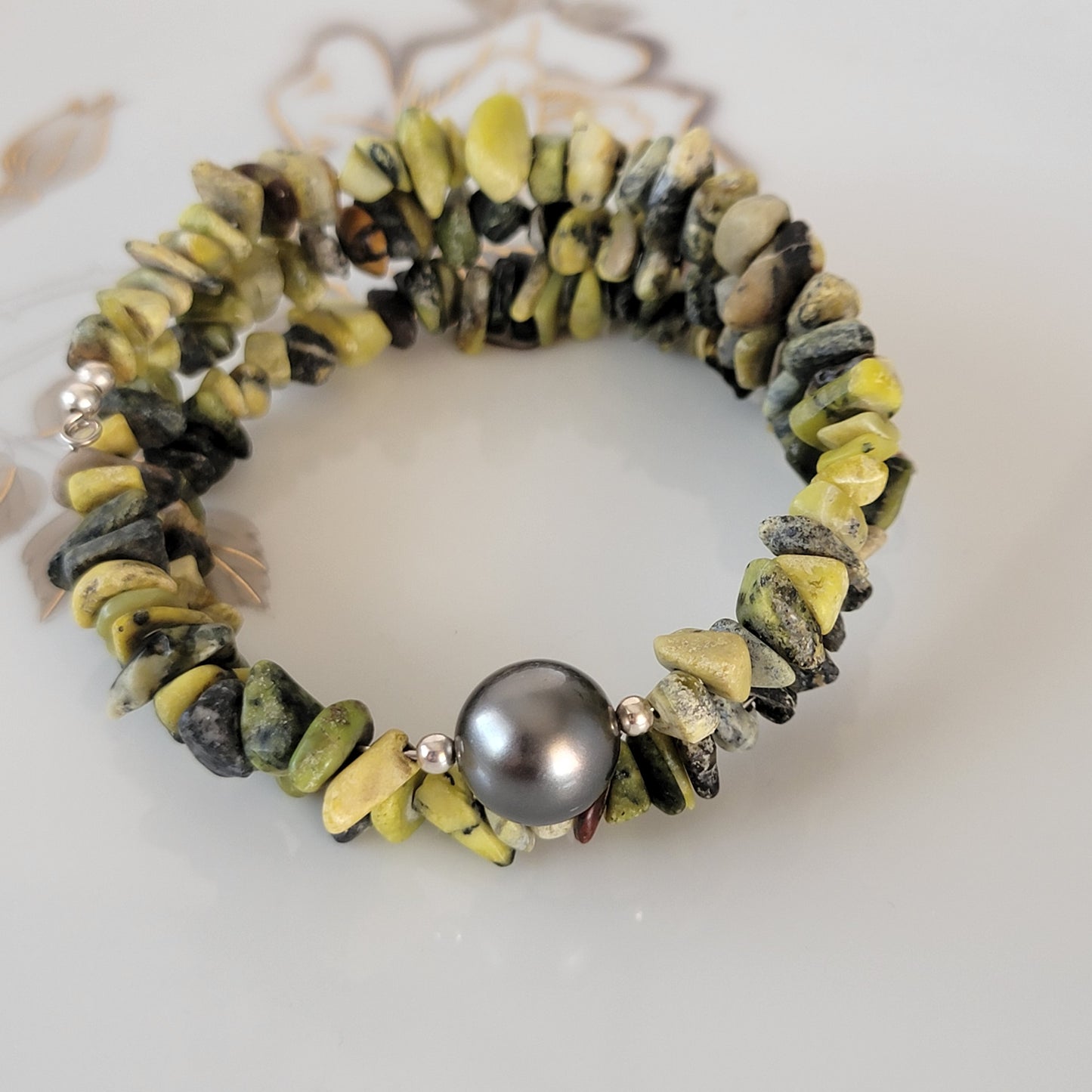 Yellow Turquoise  Wrap Bracelet Gemstone Raw Chips set in Memory Wire Black Swarovski Pearl December Birthstone