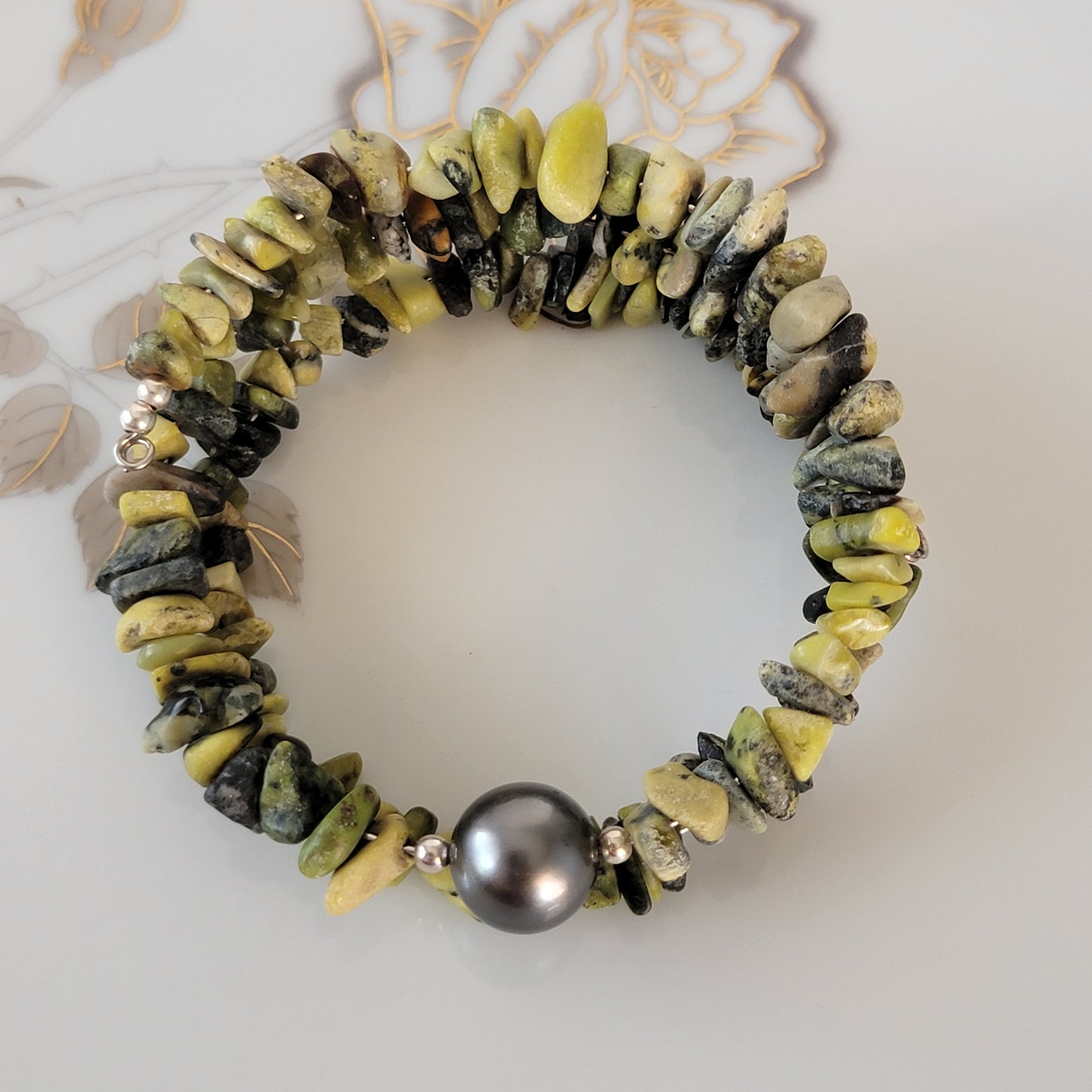 Yellow Turquoise  Wrap Bracelet Gemstone Raw Chips set in Memory Wire Black Swarovski Pearl December Birthstone