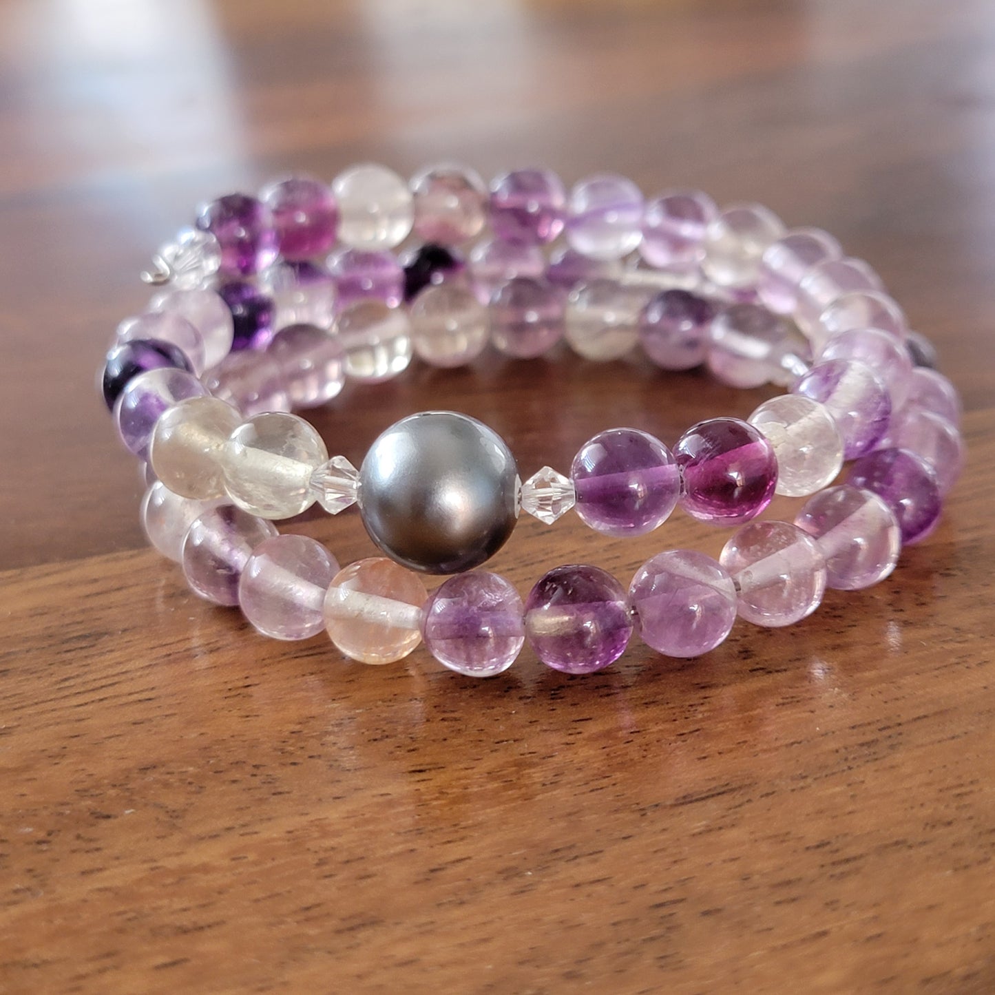 Flourite Wrap Bracelet Gemstone set in Memory Wire with Black Swarovski Pearl