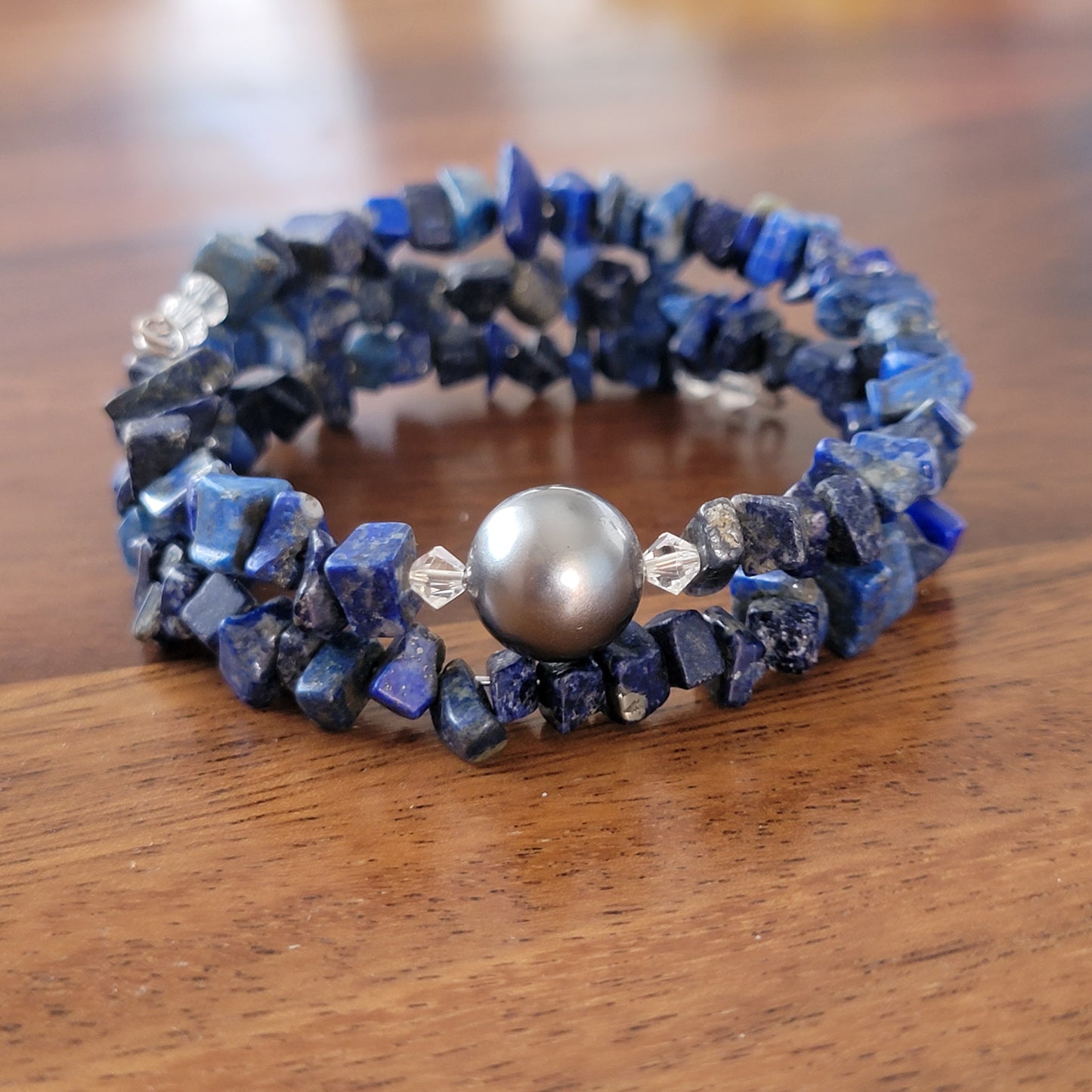 Lapis Lazuli Wrap Bracelet Gemstone Raw Chips set in Memory Wire bLack swarovski Pearl