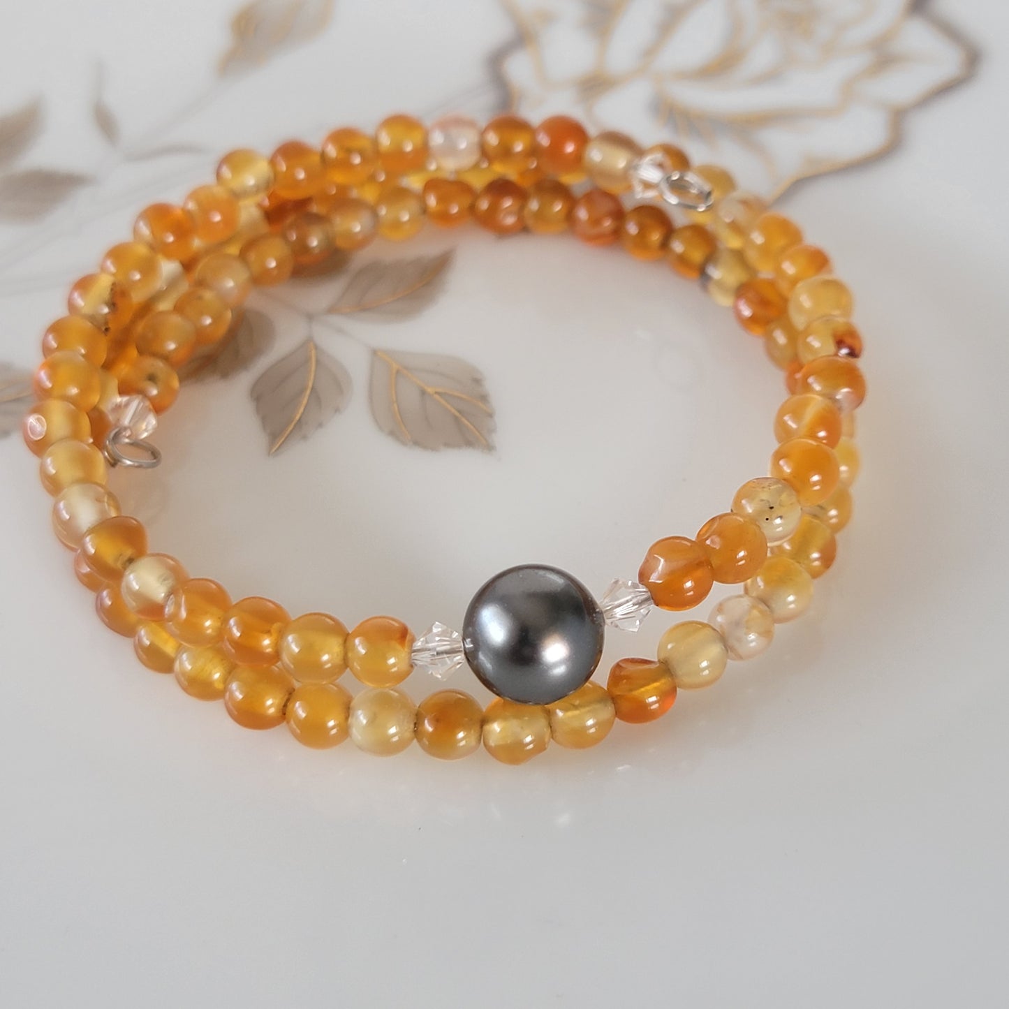 Orange Carnelian Wrap Bracelet Gemstone  set in Memory Wire Black swarovski Pearl