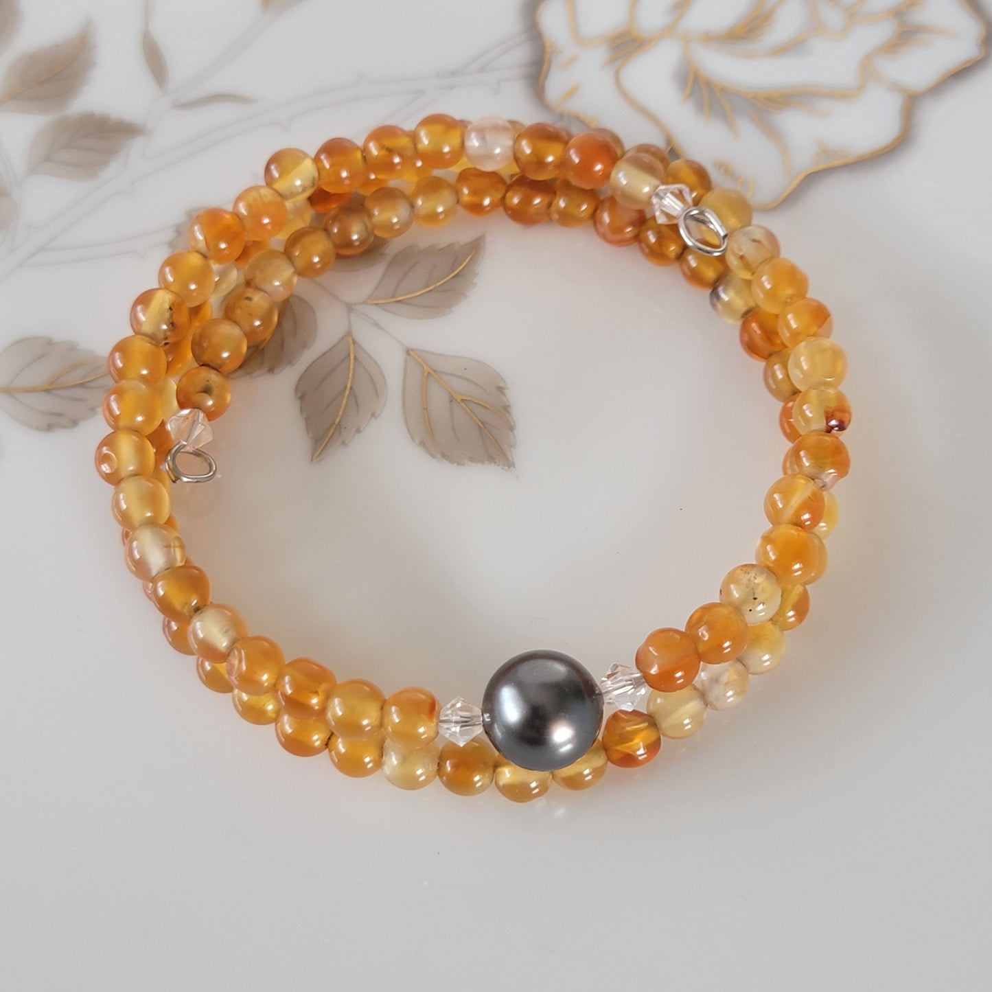 Orange Carnelian Wrap Bracelet Gemstone  set in Memory Wire Black swarovski Pearl