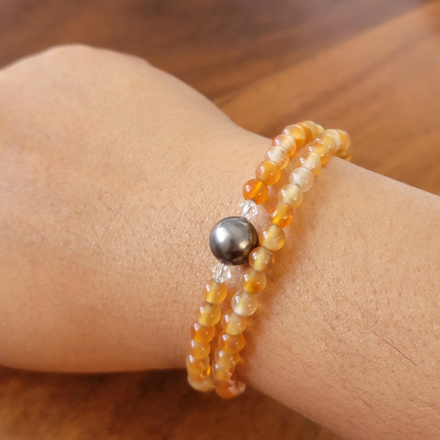 Orange Carnelian Wrap Bracelet Gemstone  set in Memory Wire Black swarovski Pearl