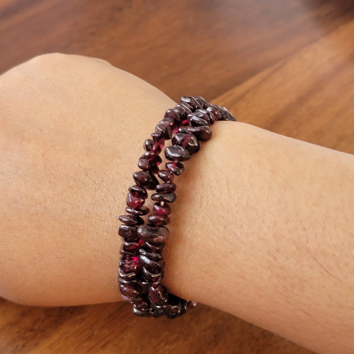 Garnet Wrap Bracelet Gemstone Raw Chips set in Memory Wire January Birthstone