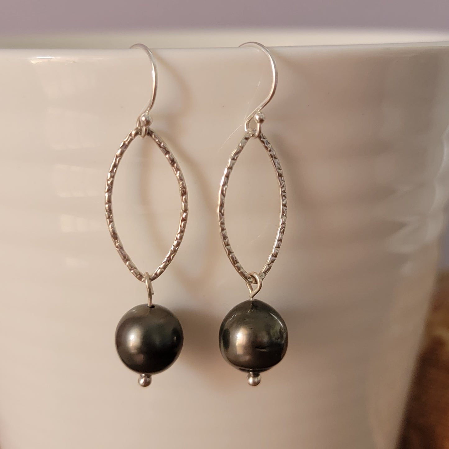 Black Tahitian Pearl Earrings Drop Dangle Sterling Silver June Birthstone Black South Sea Pearl