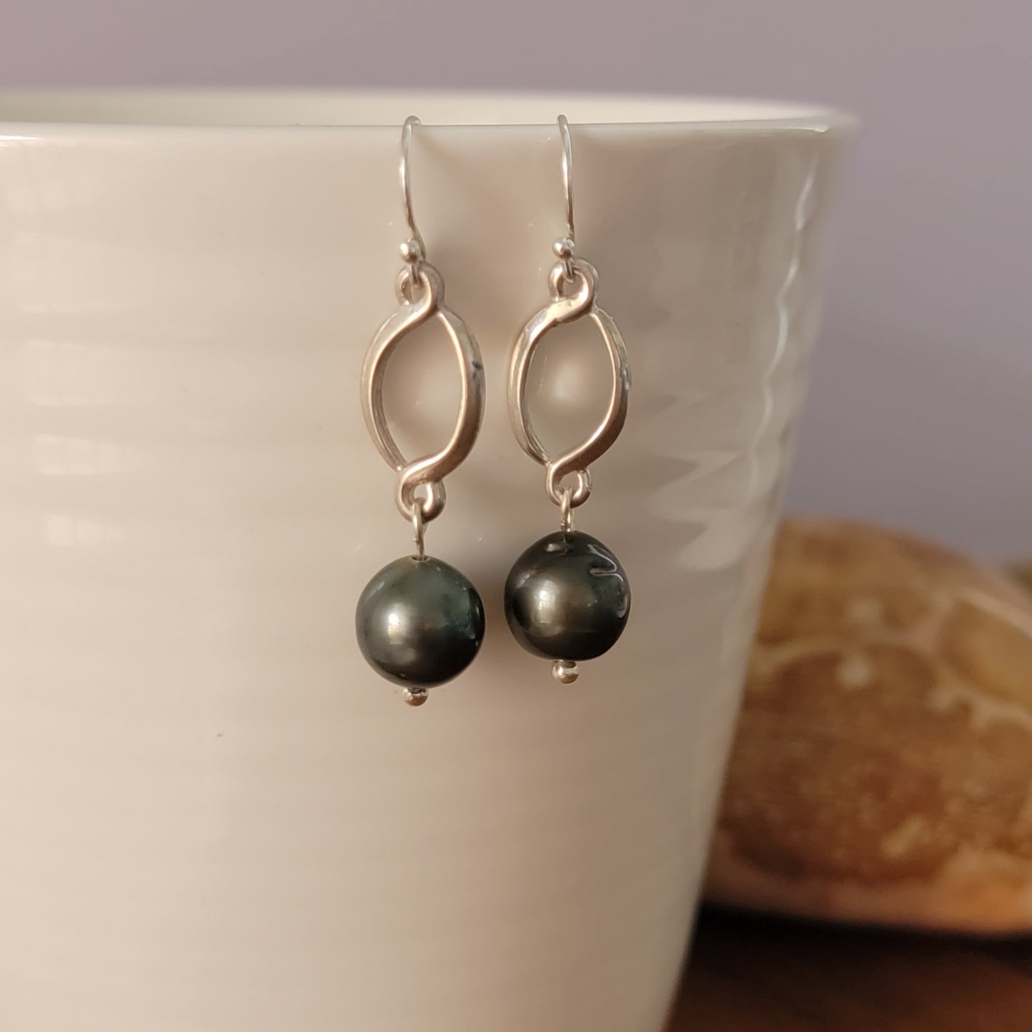 Tahitian Pearl Earrings Sterling Silver Drop Dangle Earrings June Birthstone Black South Sea  Pearl