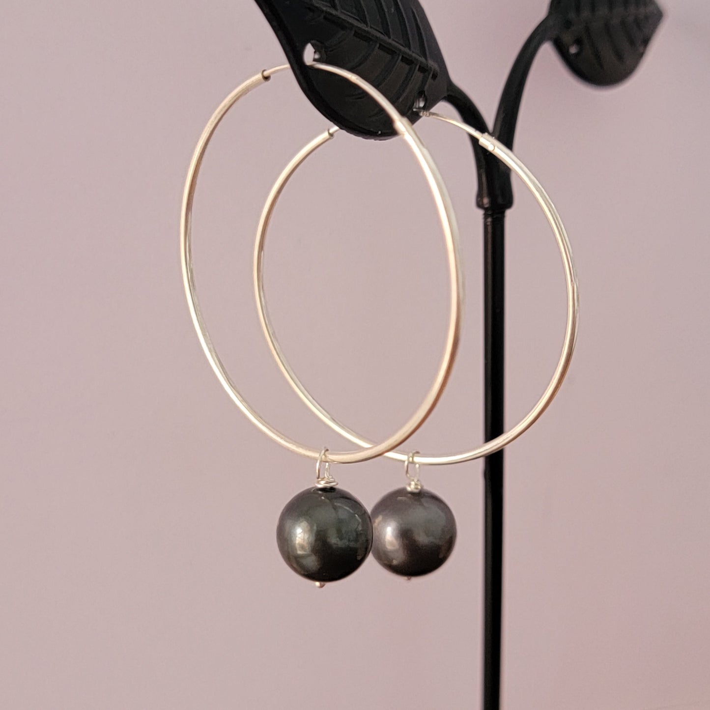 Tahitian Pearl Large  Hoop Earrings Sterling Silver June Birthstone Black South Sea Pearl