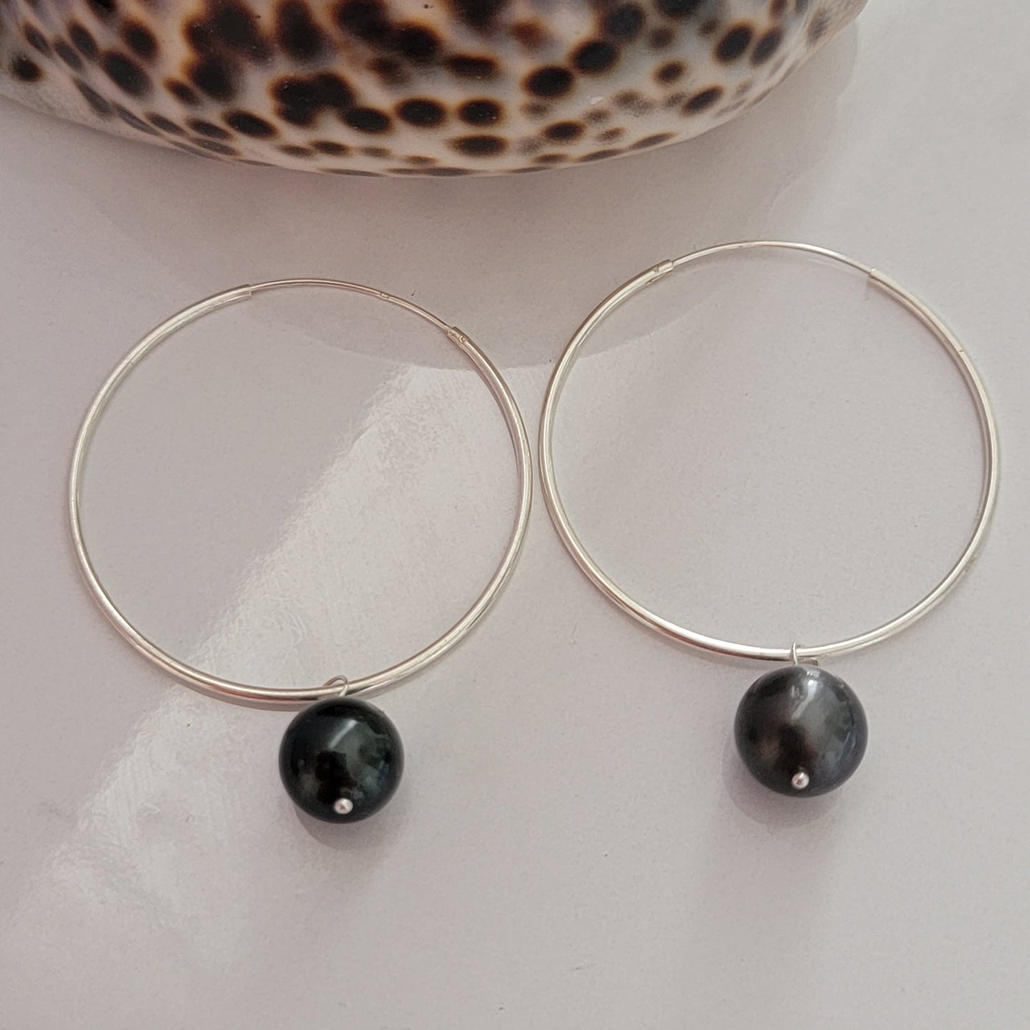 Tahitian Pearl Large  Hoop Earrings Sterling Silver June Birthstone Black South Sea Pearl