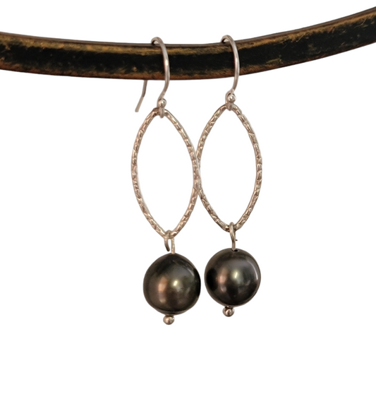 Black Tahitian Pearl Earrings Drop Dangle Sterling Silver June Birthstone Black South Sea Pearl